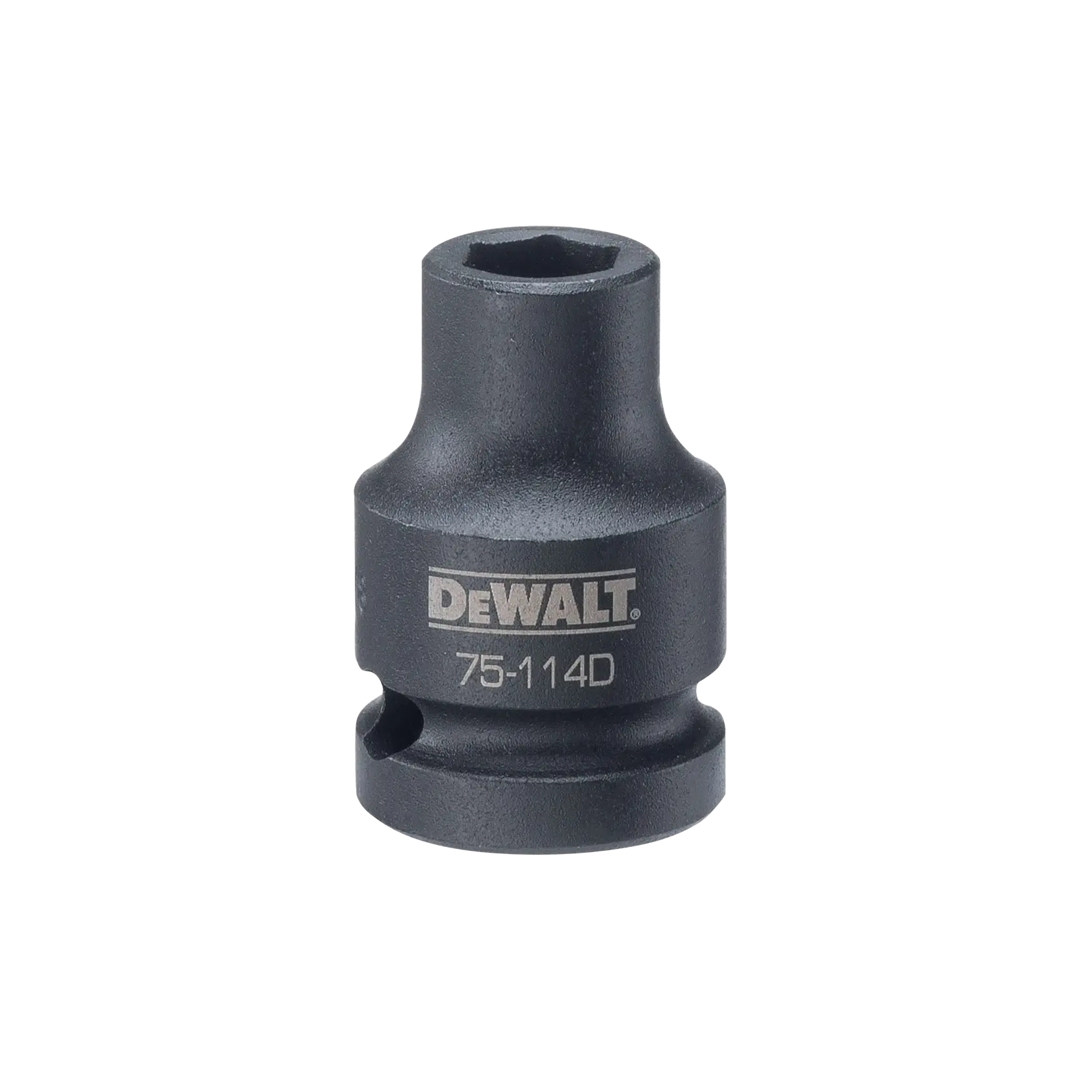 A DEWALT branded socket adapter with the model number 75-114D, made of dark metal and used for connecting sockets to power tools.