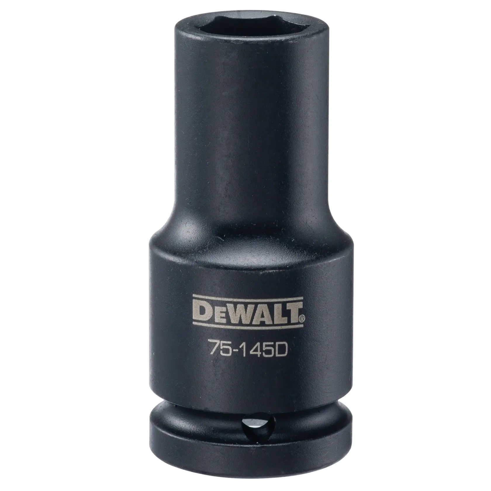 A DEWALT branded impact socket, model number 75-145D, made of black metal.