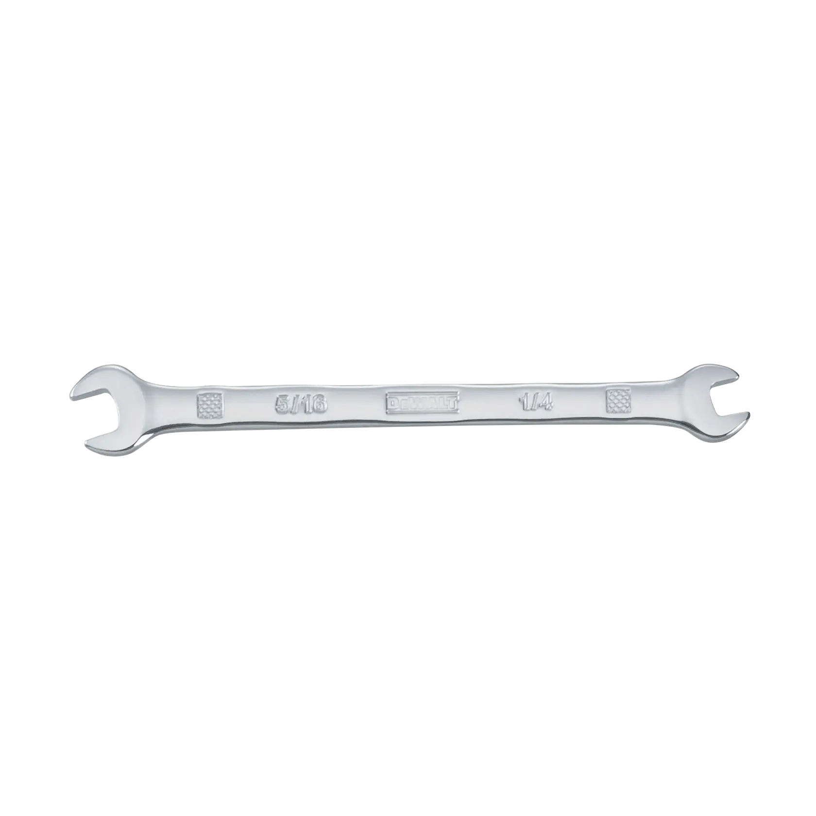 A DEWALT double open-end wrench with sizes 5/16 and 1/4 engraved on the metal body, shown against a white background.