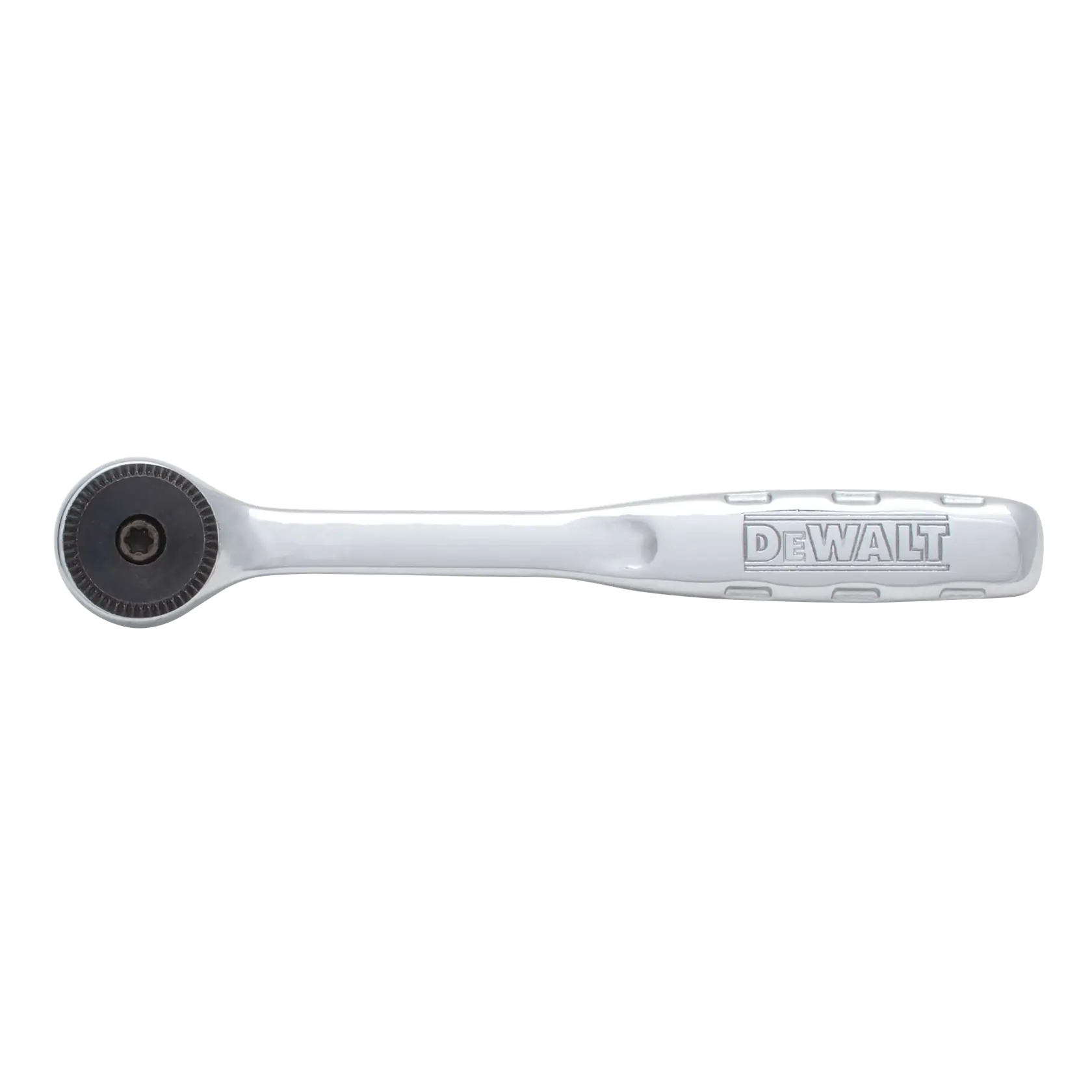 A DEWALT branded ratchet wrench with a polished chrome finish, shown from above. The handle has ergonomic contours and the DEWALT logo is engraved on the side.