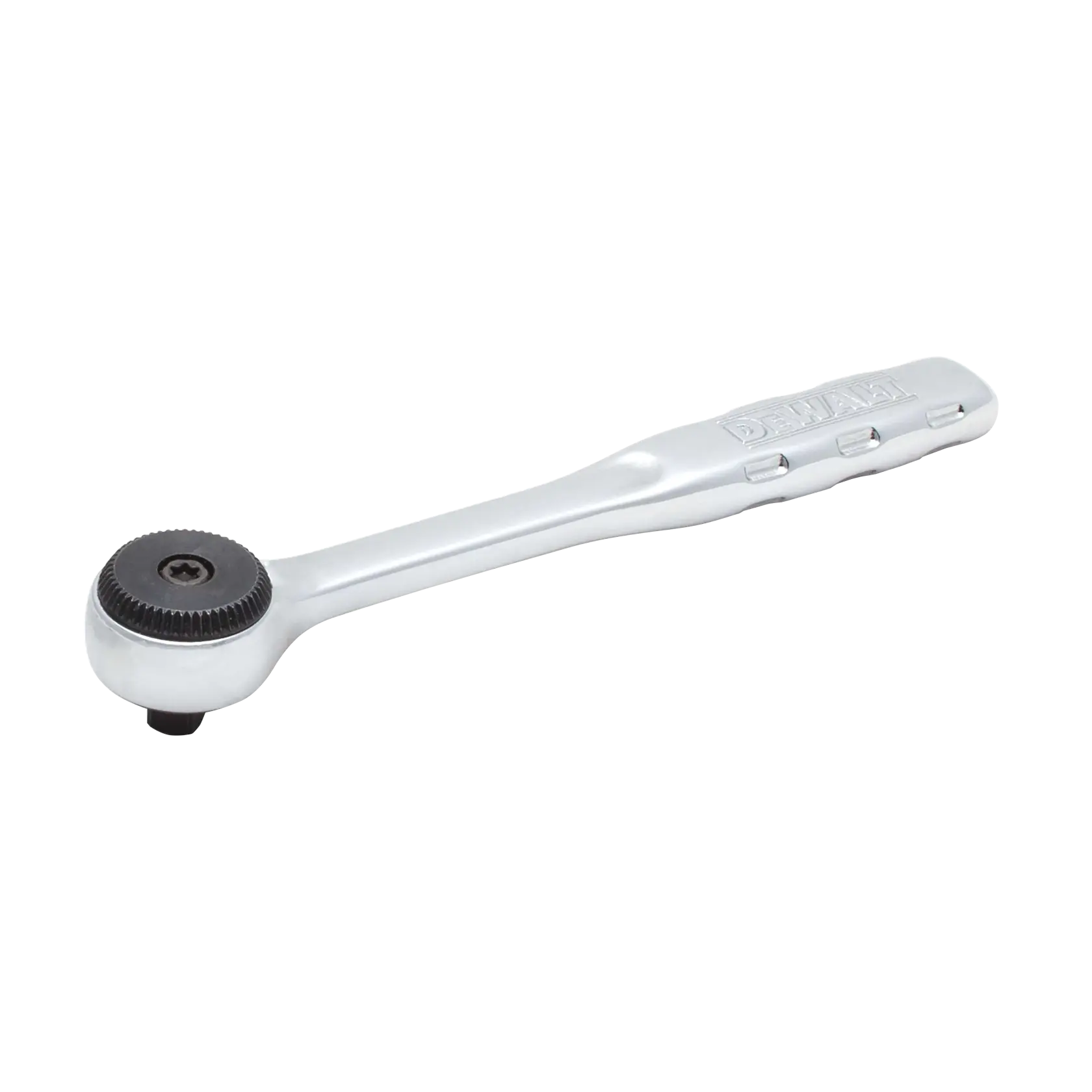 A DEWALT branded manual ratchet wrench with a polished metal finish and a compact, straight handle. The tool is designed for tightening or loosening bolts and nuts.