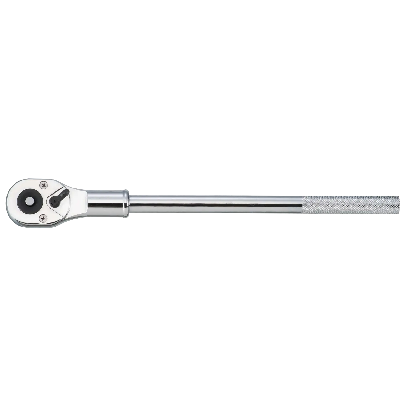 A metal ratchet wrench with a long handle and a knurled grip, photographed on a white background.