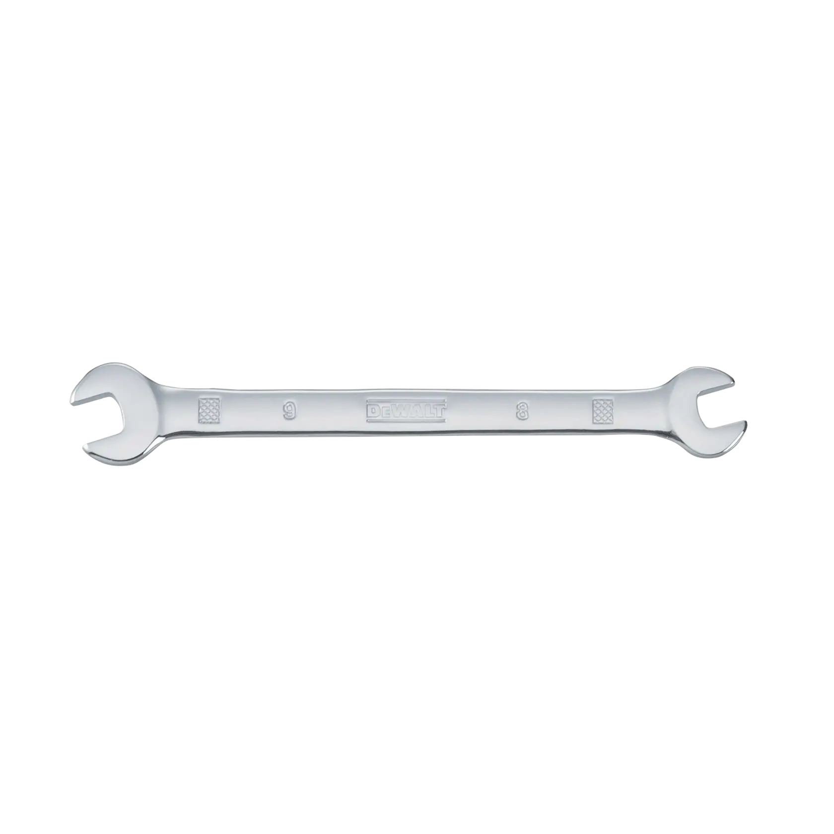 A DEWALT open-end wrench with a polished metal finish, featuring open jaws on both ends. The brand name is engraved in the center of the handle.
