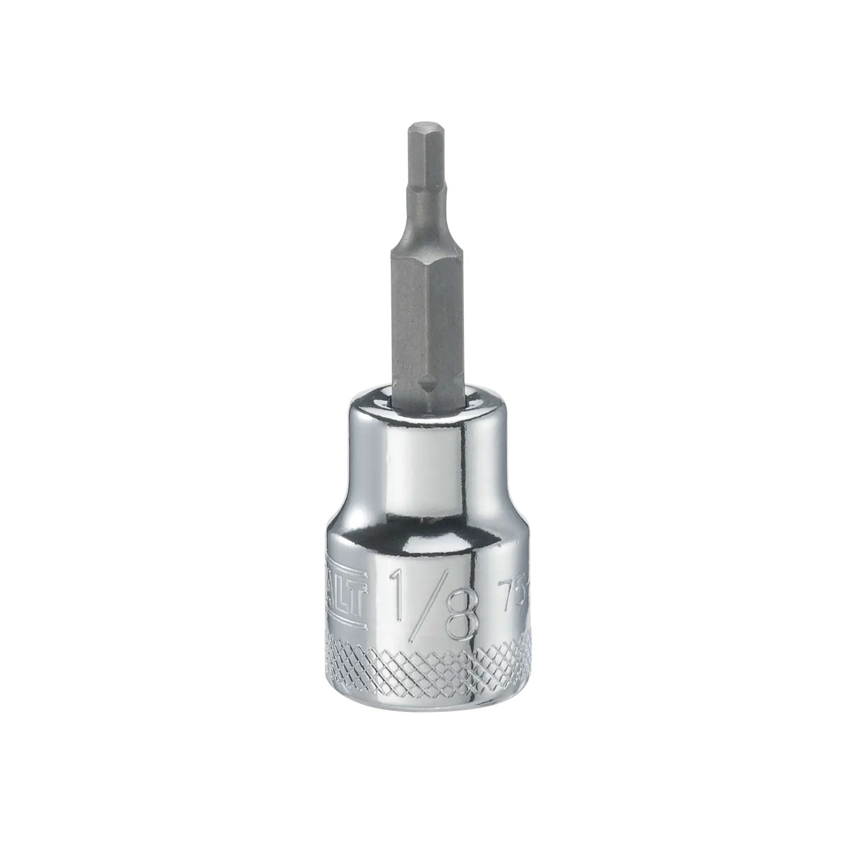 A DEWALT 1/8 inch hex bit socket with a chrome finish and engraved size marking.