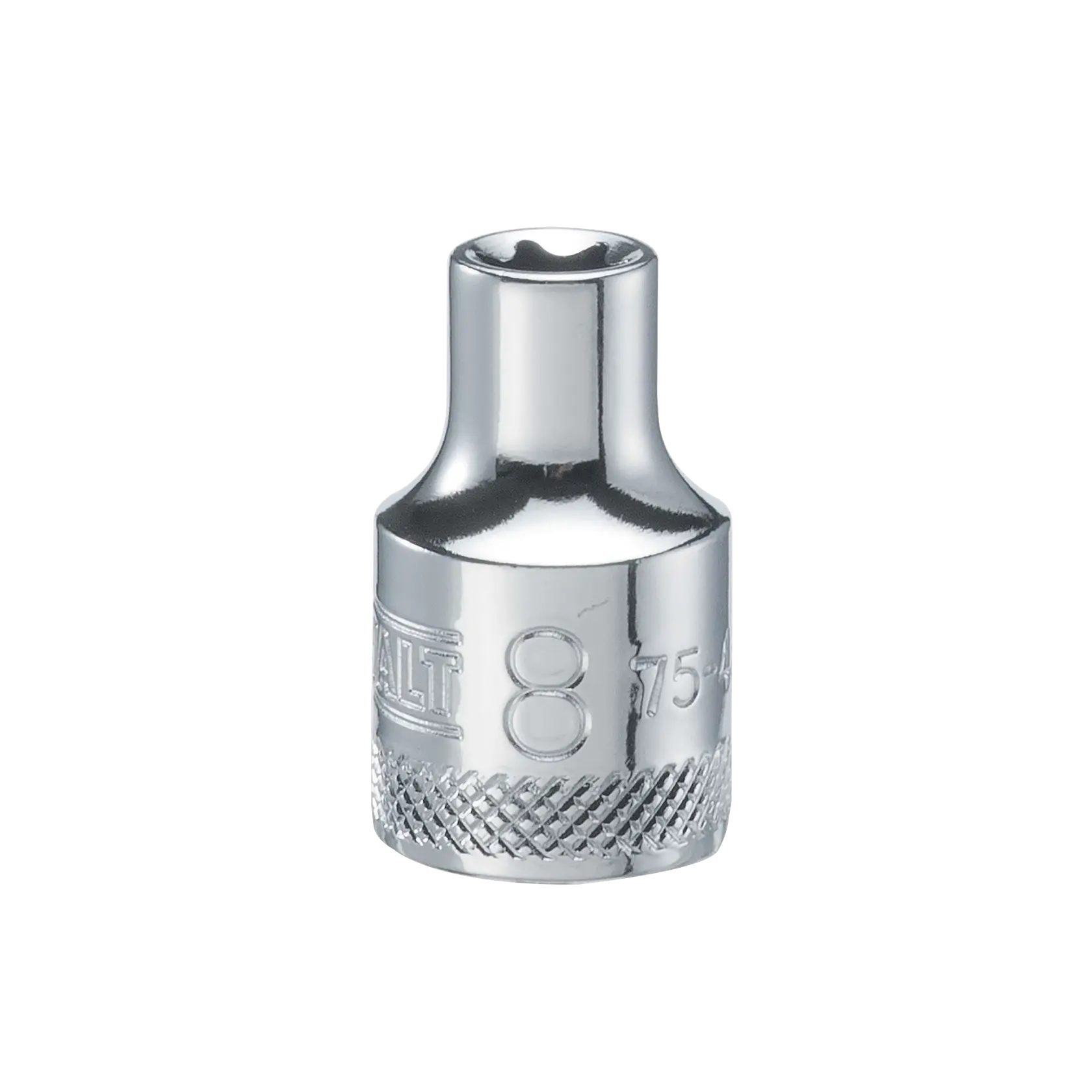 A close-up image of a single DEWALT chrome socket tool with an 8 millimeter marking, featuring a knurled grip for added handling.