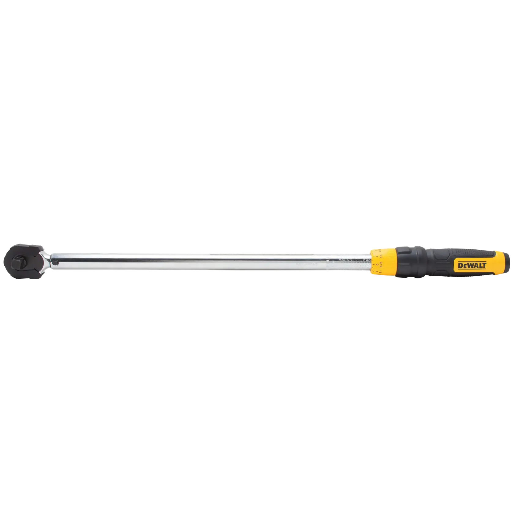 A DEWALT torque wrench with a long chrome shaft and a black and yellow handle, designed for precise tightening of bolts.