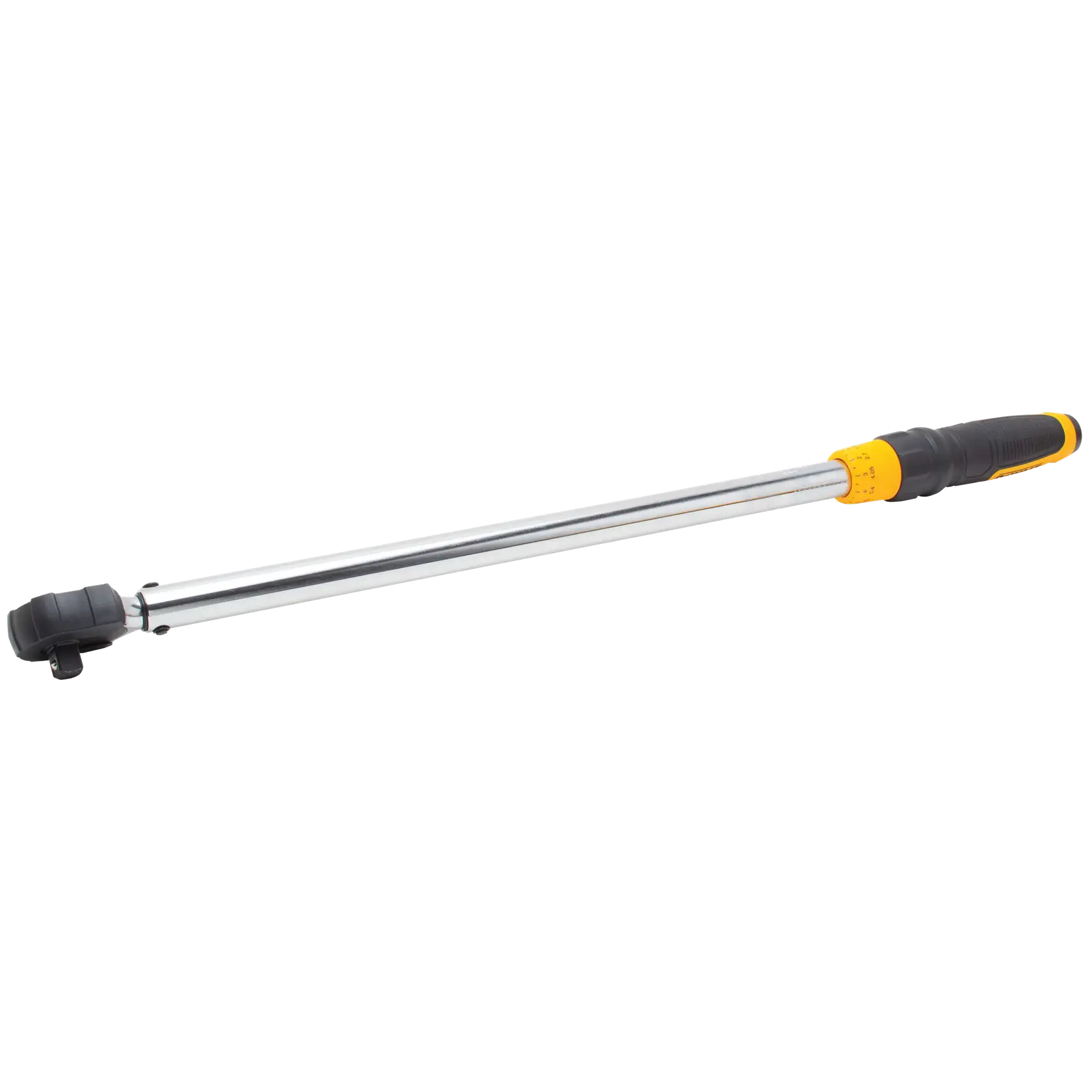 A DEWALT metal torque wrench with a black and yellow handle, shown against a white background.