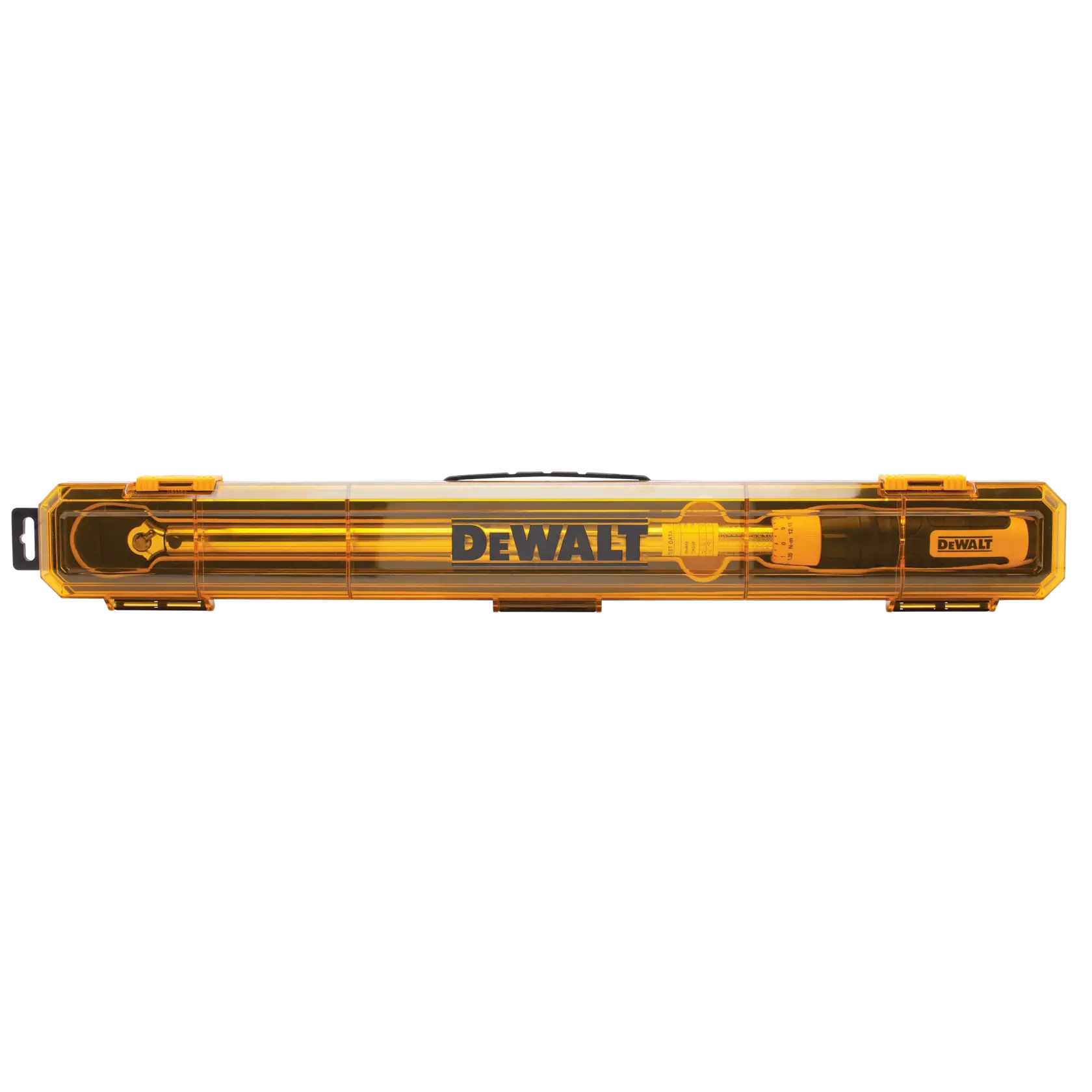 A yellow DEWALT-branded hard plastic case containing a level tool with accessories, viewed from above.