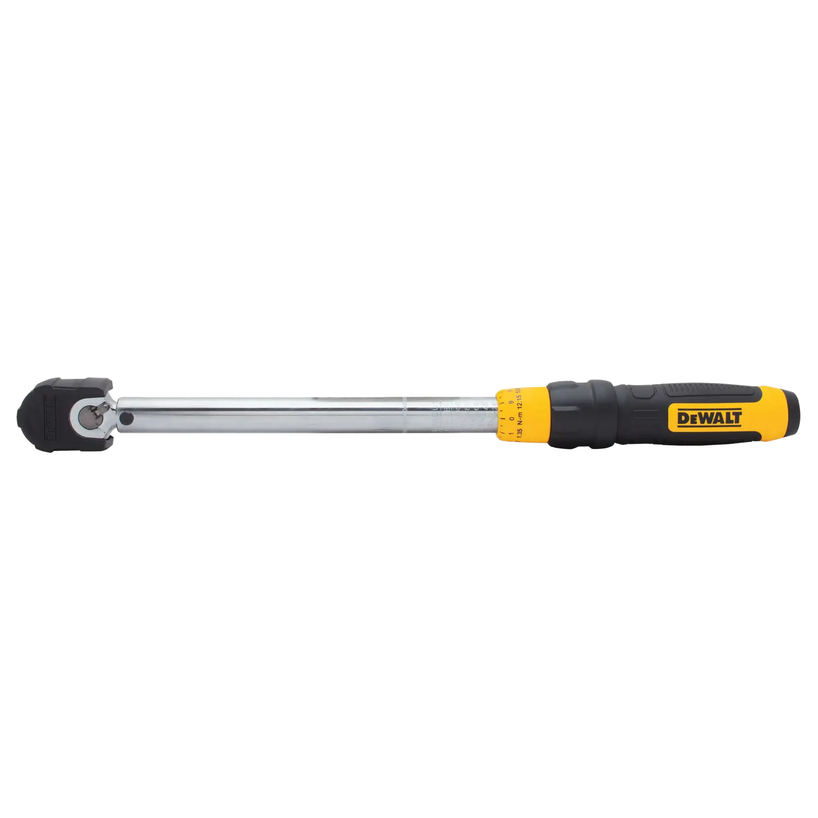 A DEWALT torque wrench with a black and yellow handle and a long metal shaft, used for precise tightening of bolts and nuts.