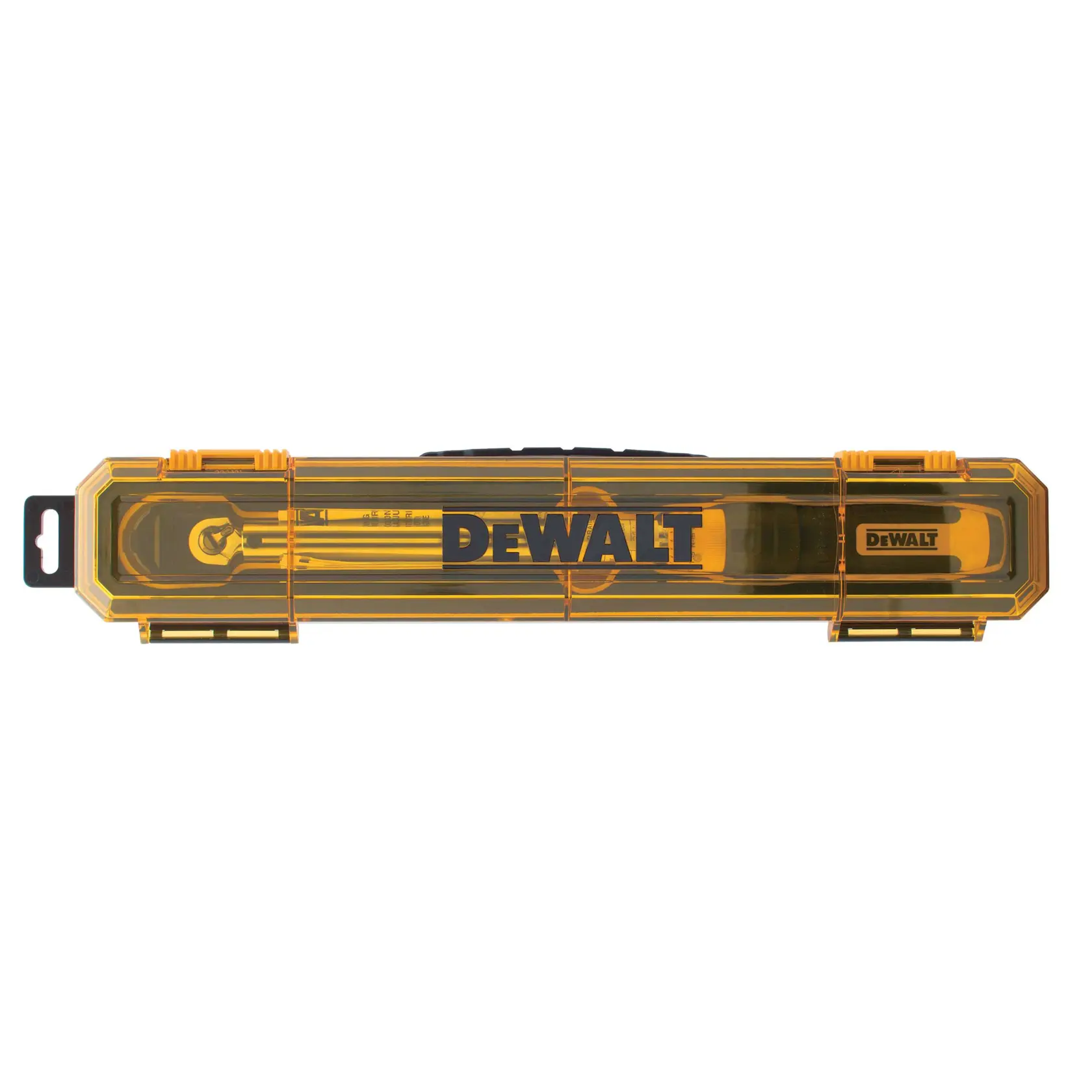 Yellow DEWALT branded rectangular case for a torque wrench, with transparent cover showing the tool inside.