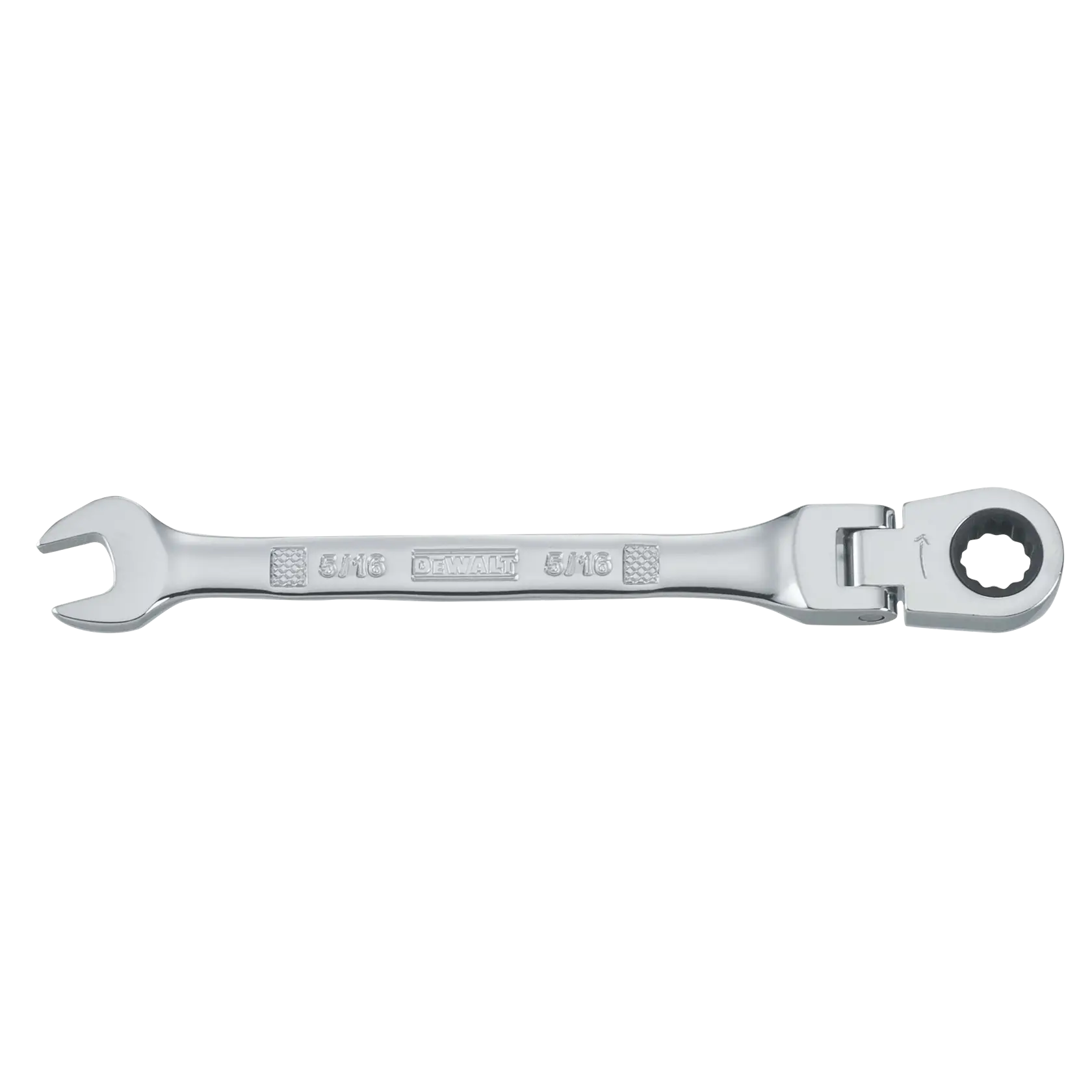 A DEWALT 5/16 inch ratcheting combination wrench with an open end on one side and a ratcheting box end with a pivot head on the other, made of polished metal.