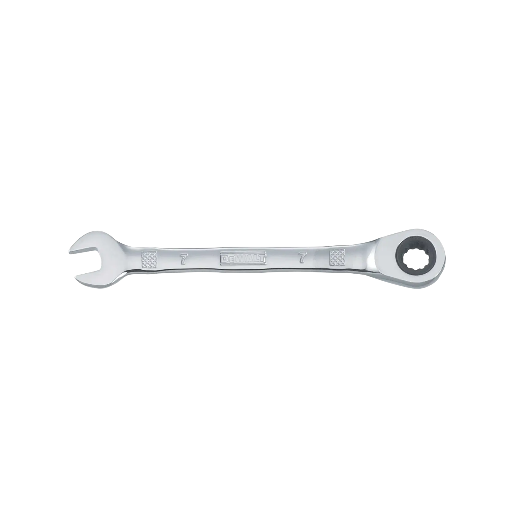 A DEWALT branded ratcheting combination wrench with an open end and a ratcheting closed end, isolated on a white background.