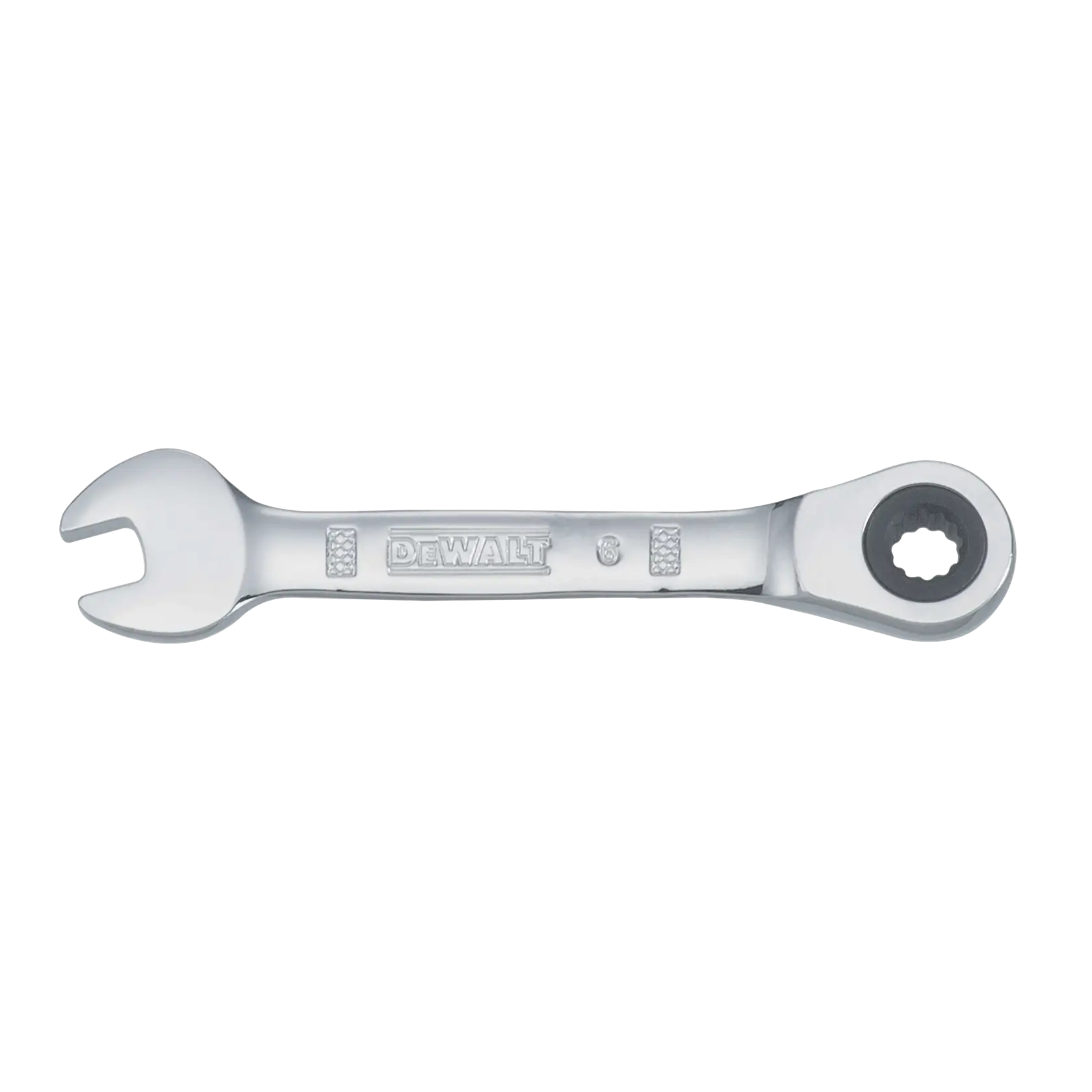 A DEWALT ratcheting combination wrench with an open-end on one side and a ratcheting box-end on the other, made of polished metal.