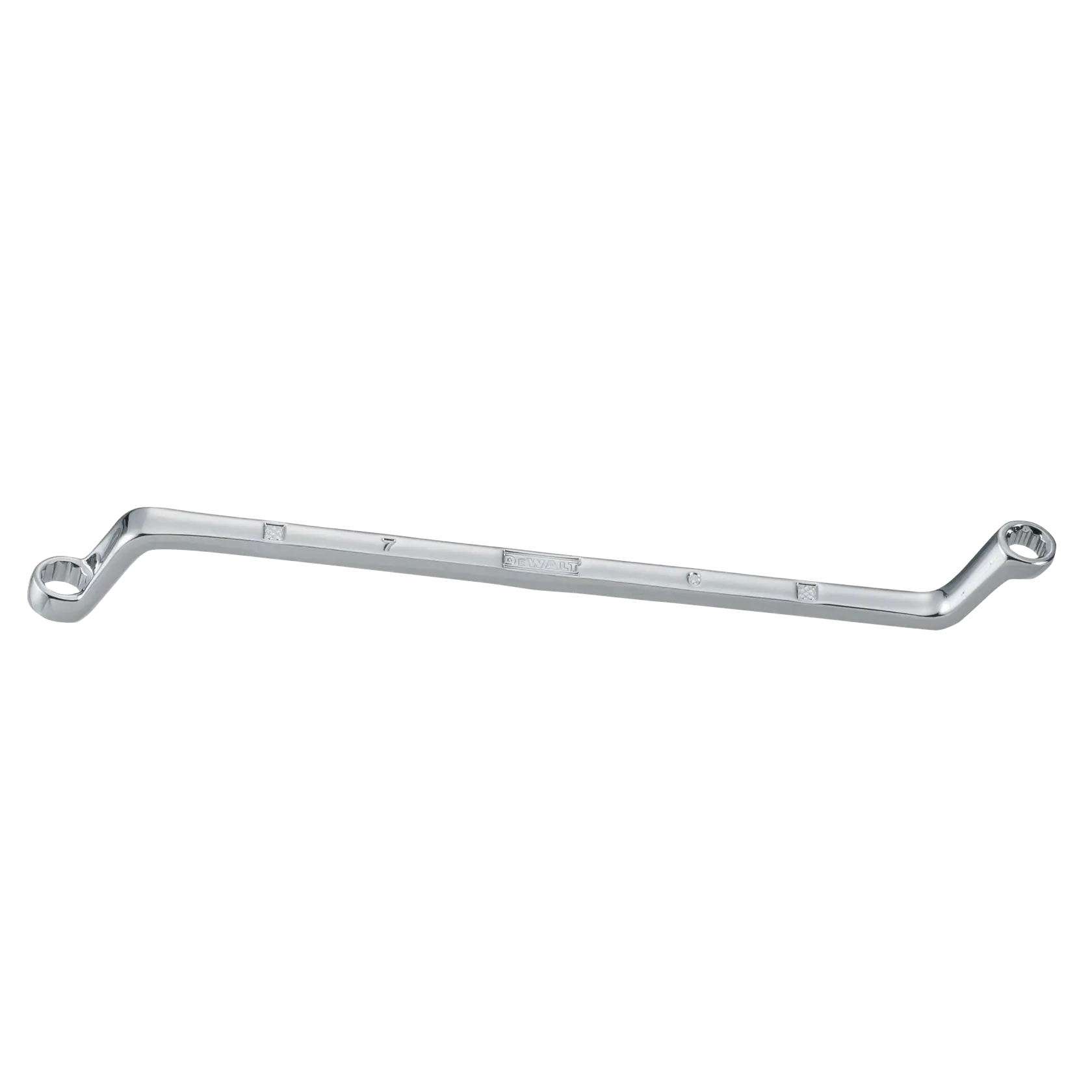 A chrome-finished double box end wrench with offset ends, designed for tightening or loosening nuts and bolts.