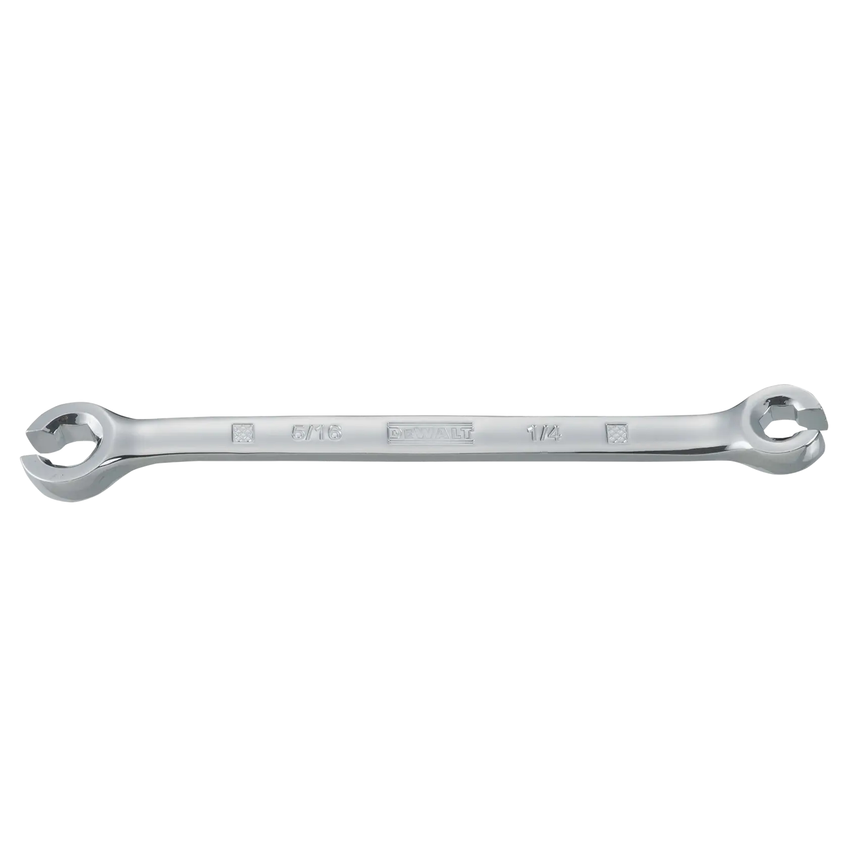 A DEWALT chrome finish flare nut wrench with open ends, marked with sizes 5/16 and 1/4, used for tightening or loosening nuts and fittings.