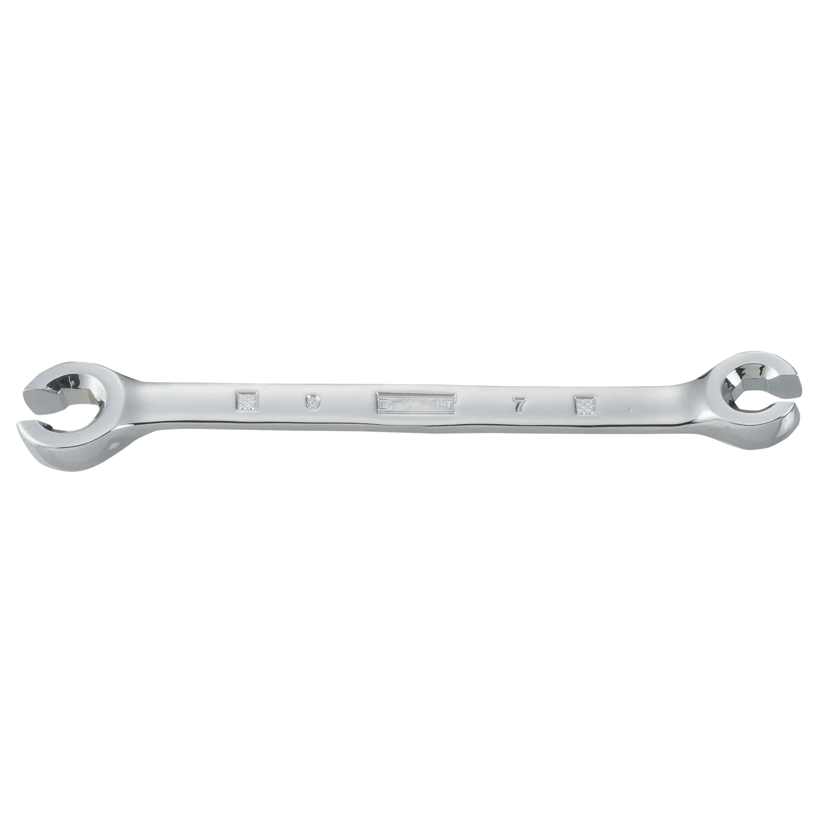 A DEWALT double-ended open wrench, chrome finish, with visible brand and size markings. The tool is photographed on a white background.