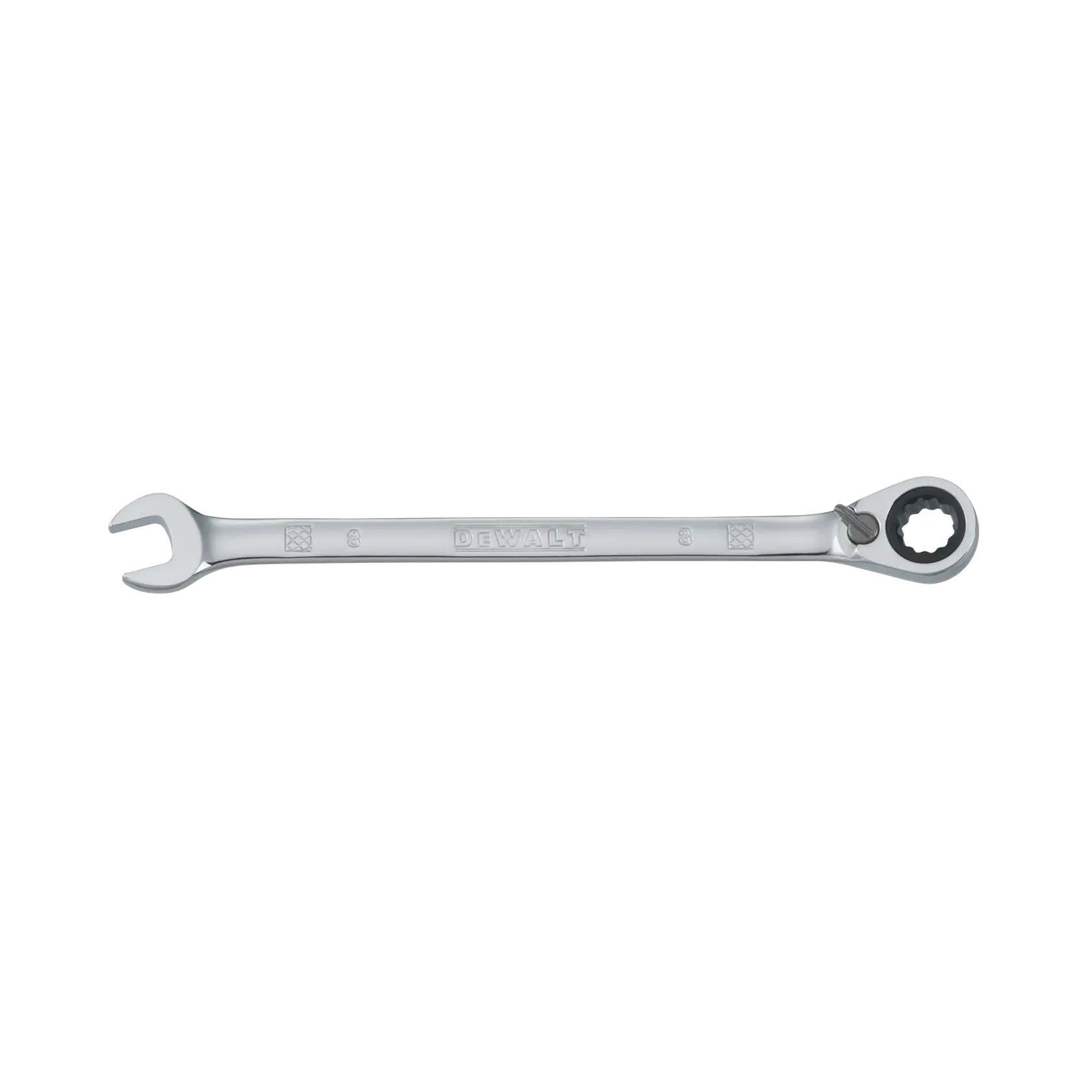 A DEWALT ratcheting combination wrench with an open end on one side and a ratcheting closed end on the other, made of metal.