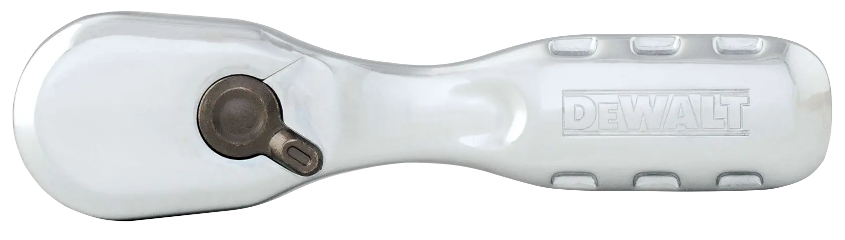 A DEWALT branded ratchet handle with a polished metal finish, viewed from above on a white background.