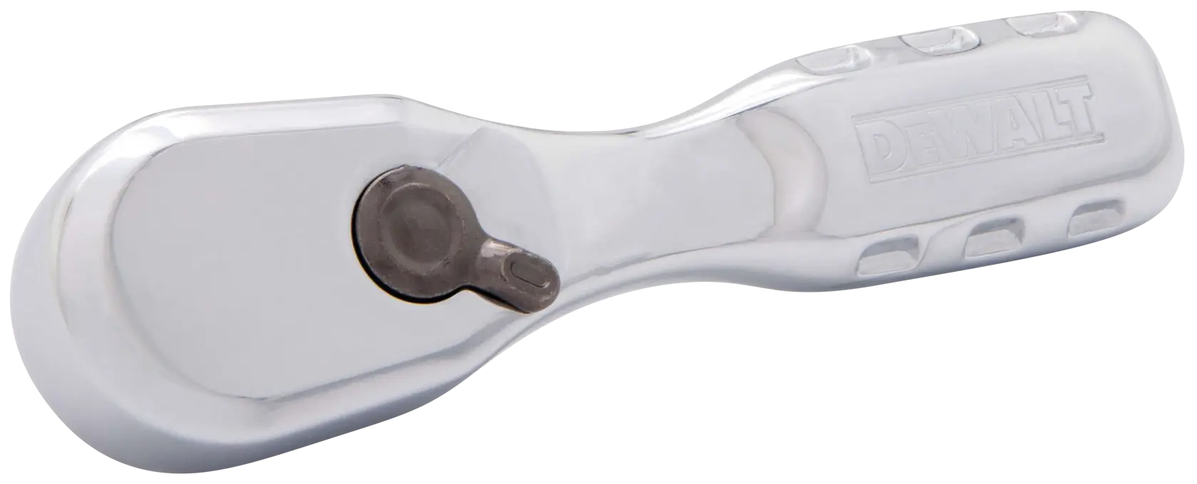 A DEWALT branded silver hand ratchet tool with a contoured handle and a rotating mechanism for socket attachment, shown against a white background.