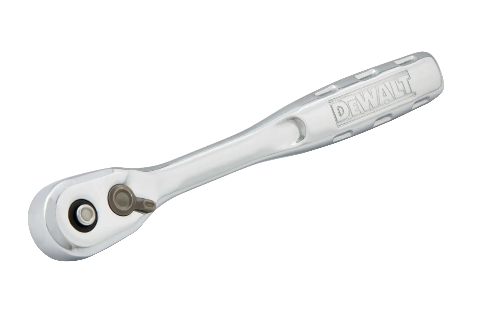 A DEWALT branded polished chrome ratchet wrench with a compact handle and switching mechanism, photographed on a white background.