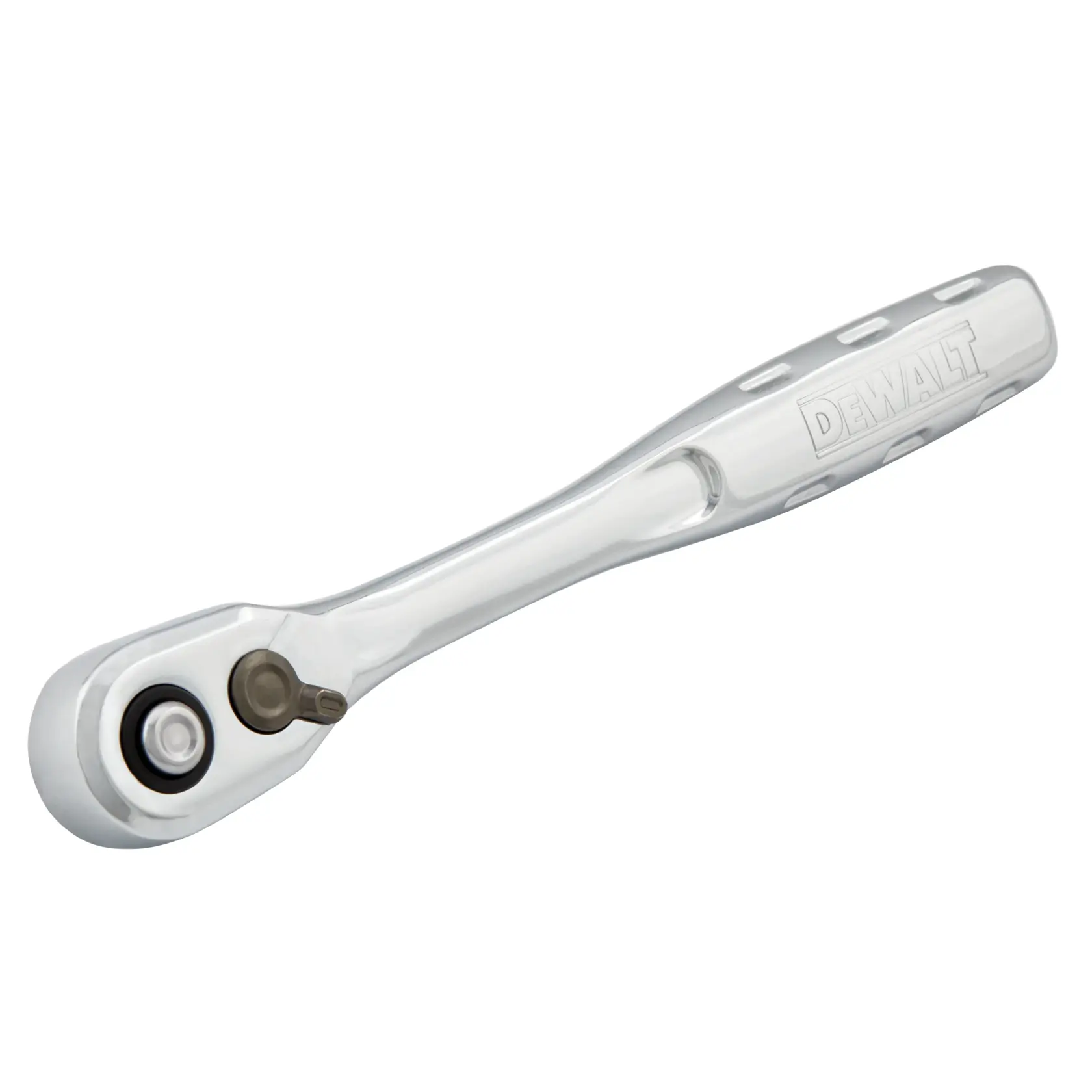 A DEWALT branded polished metal ratchet wrench with a compact head, photographed against a white background.