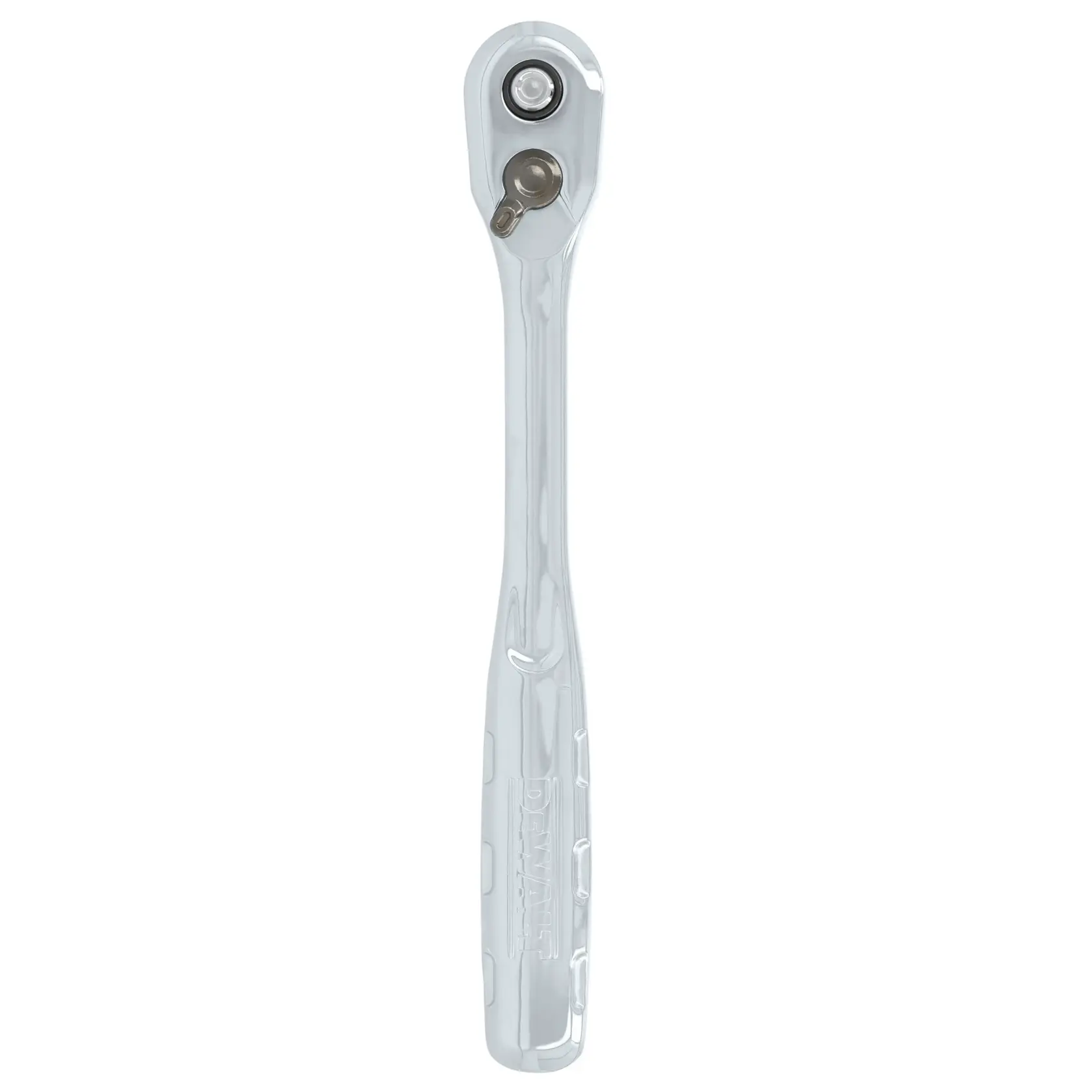 A DEWALT chrome handheld ratchet tool, shown vertically against a white background.