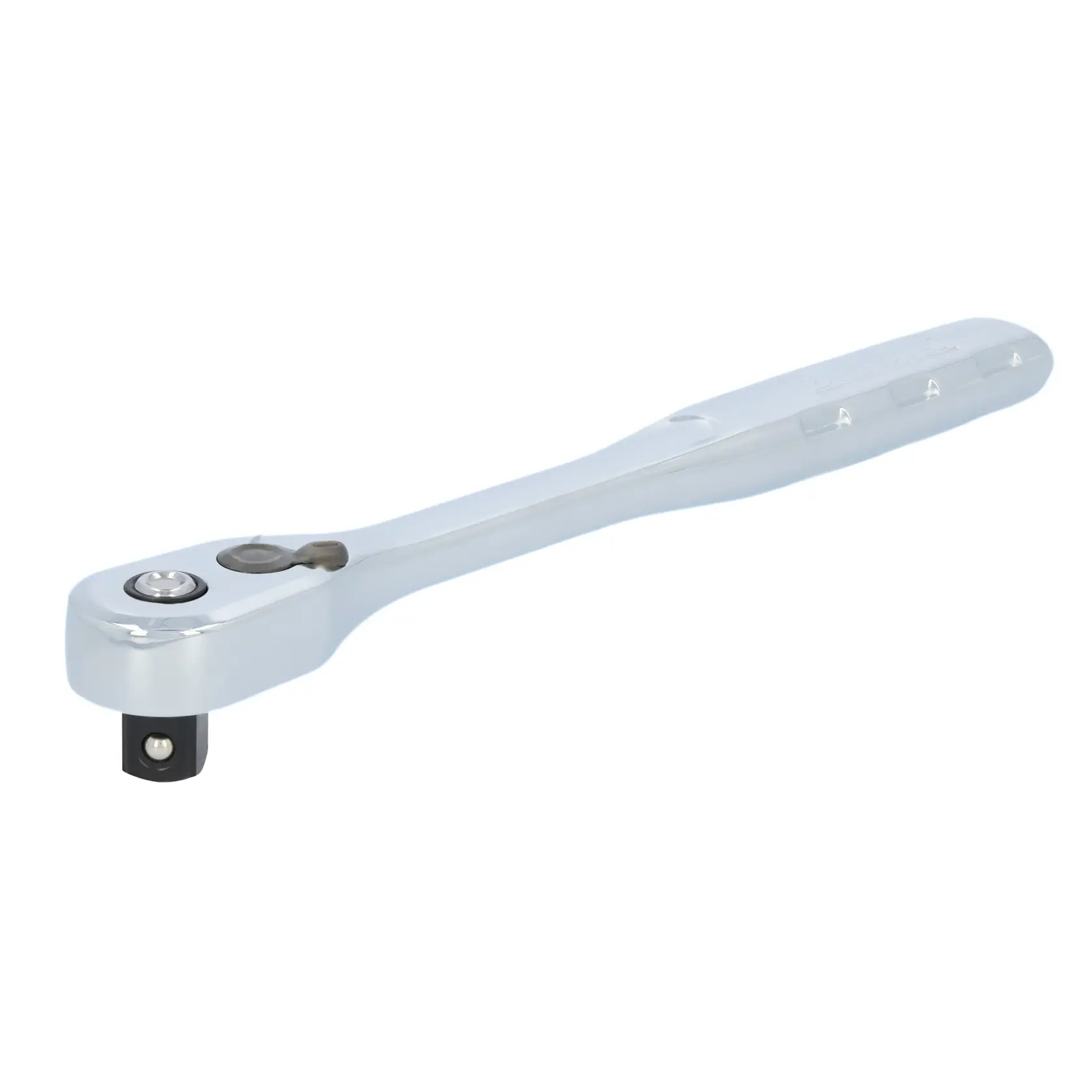 A DEWALT chrome finish ratchet wrench with a black drive head is shown against a white background.