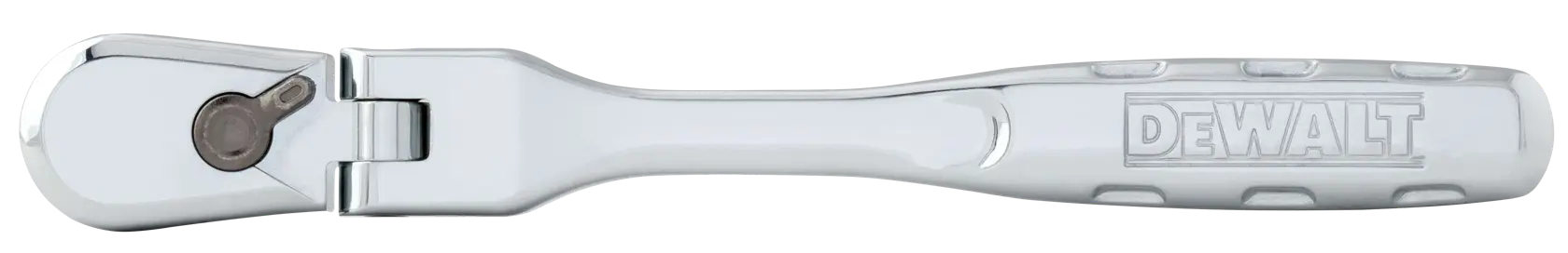 A DEWALT branded chrome-finish flexible head ratchet wrench, shown against a white background.
