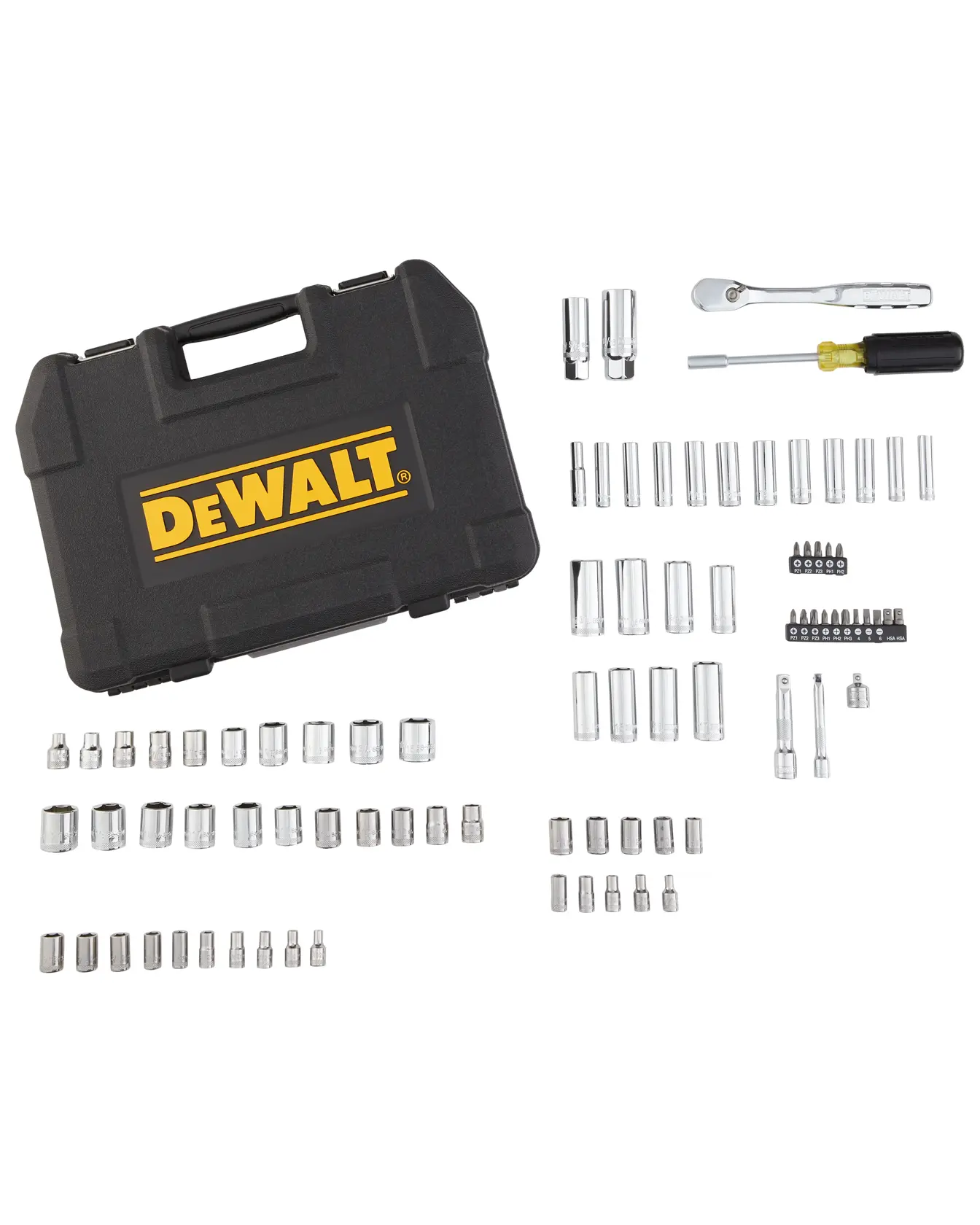 A DEWALT branded black hard case and a comprehensive socket and tool set, including various sockets, a ratchet, a screwdriver with yellow and black handle, extension bars, and multiple bits, all neatly laid out on a white background.
