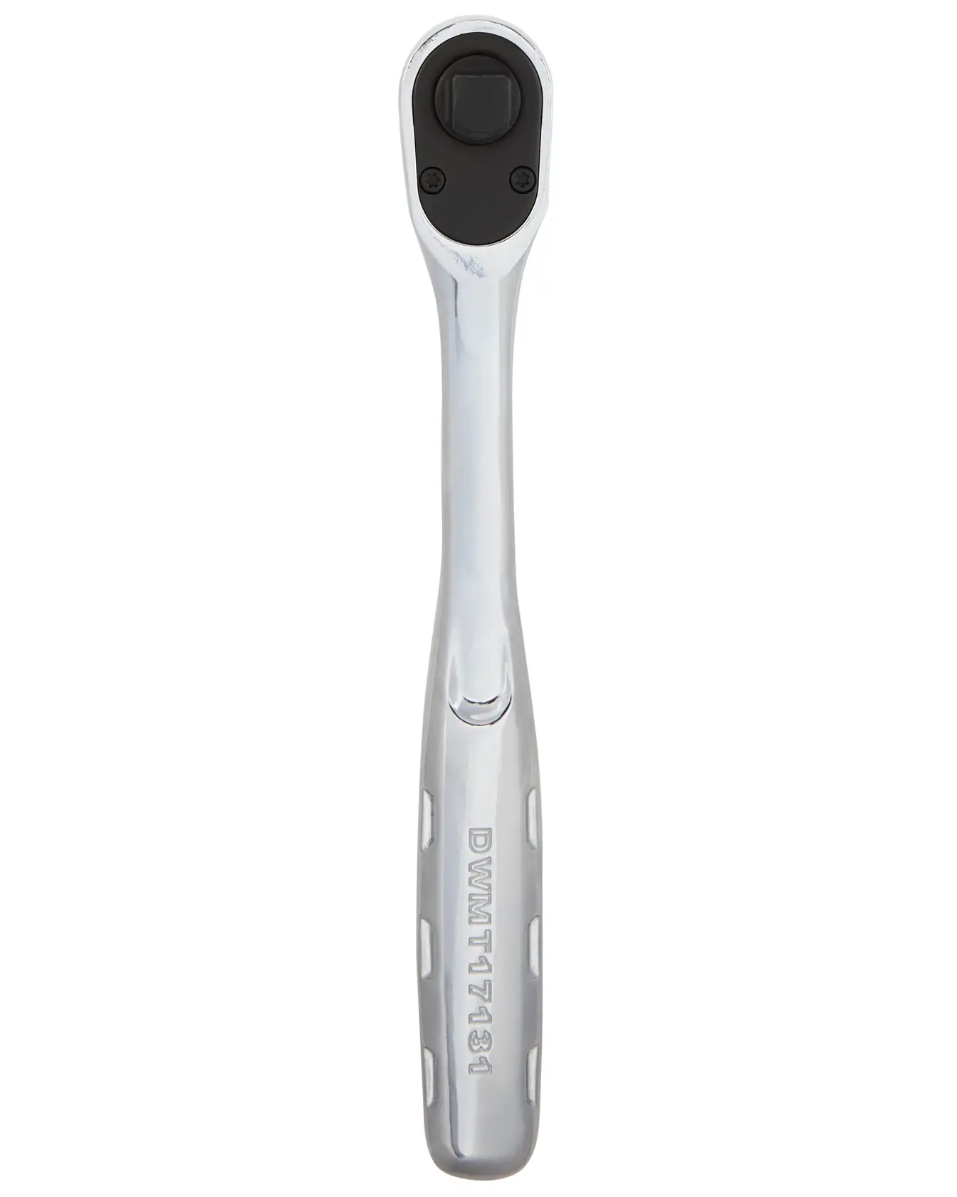 A DEWALT chrome-finished ratchet tool with a black head and DWMT17131 engraved on the handle, shown from above on a white background.