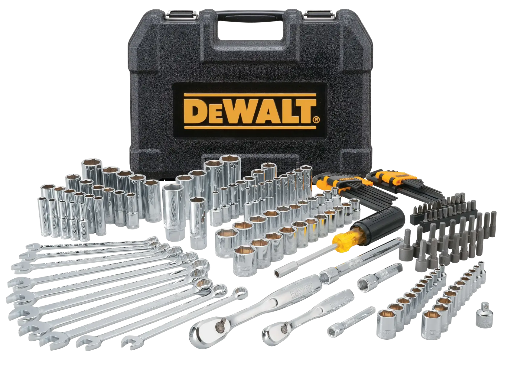 A comprehensive DEWALT socket and wrench tool set displayed in front of a black carrying case with the DEWALT logo. The set includes various sized sockets, wrenches, screwdrivers, and other hand tools, all arranged neatly.