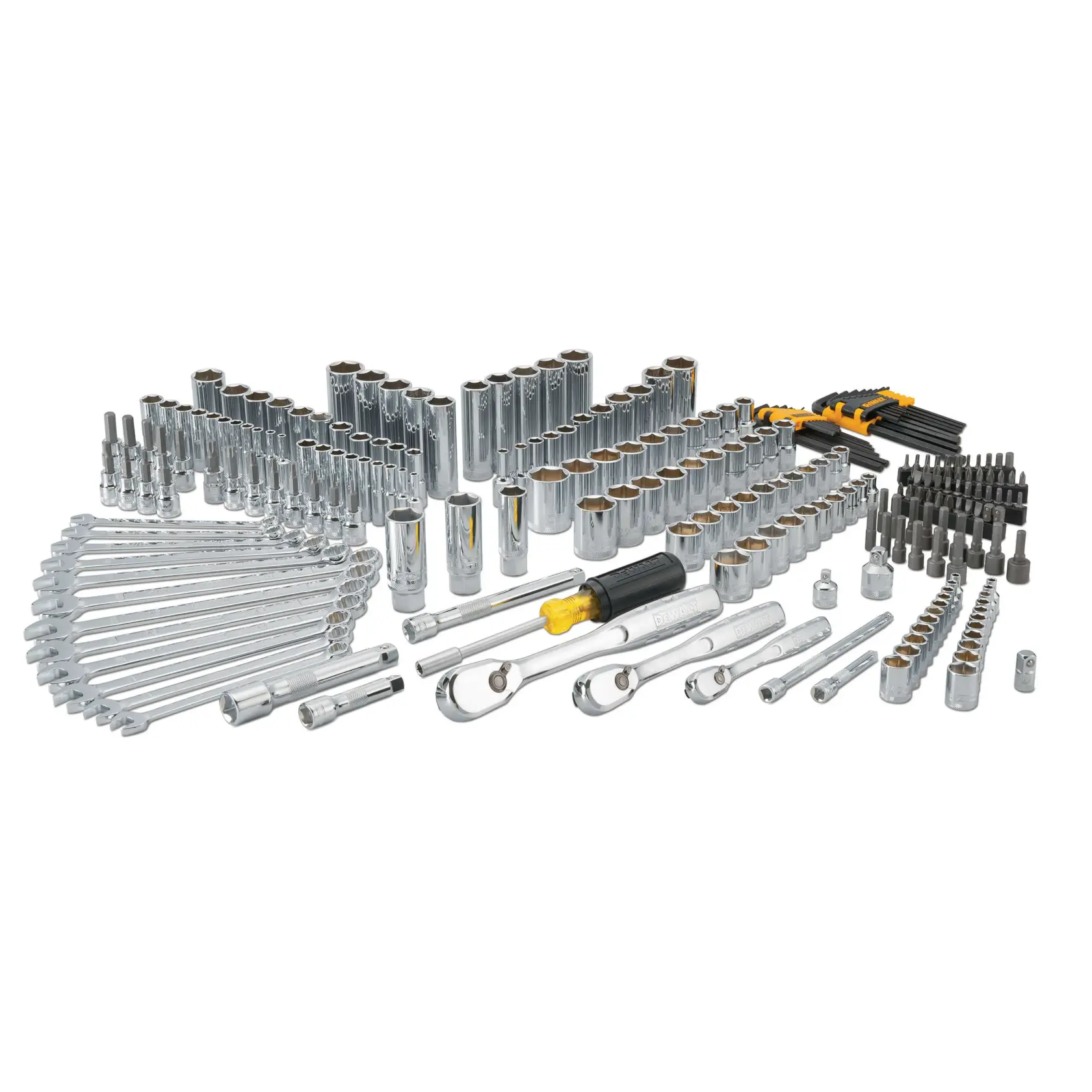 A large DEWALT mechanic's tool set, including various chrome sockets, ratchets, wrenches, hex keys, bits, and extensions spread out in an organized manner.
