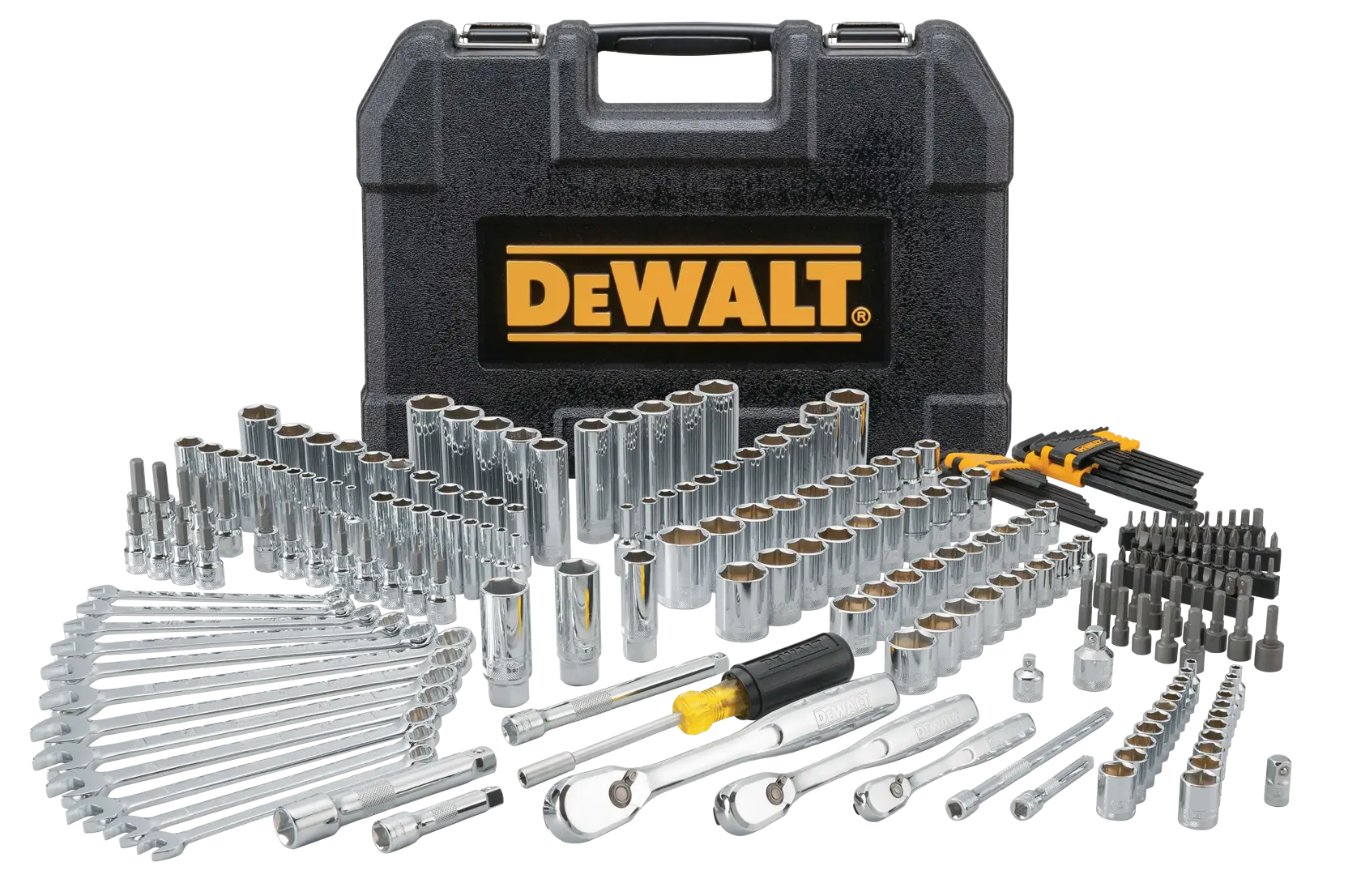 A comprehensive DEWALT socket and wrench set displayed in front of a sturdy black DEWALT-branded carrying case. The set includes various chrome sockets, wrenches, ratchets, driver bits, and accessories organized neatly.