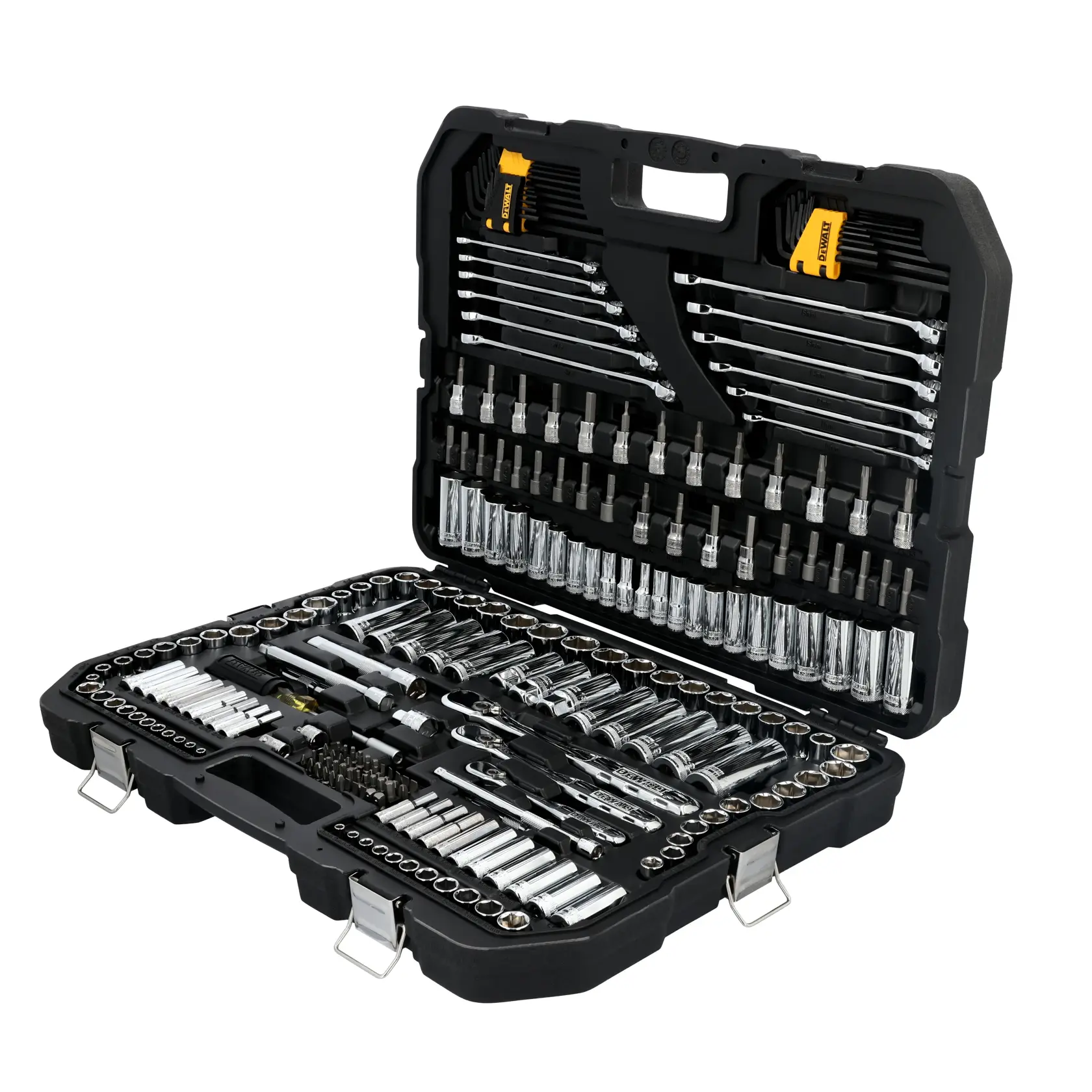 A large black plastic case containing an organized set of DEWALT hand tools, including wrenches, sockets, ratchets, hex keys, and screwdriver bits, displayed in designated slots within the open case.