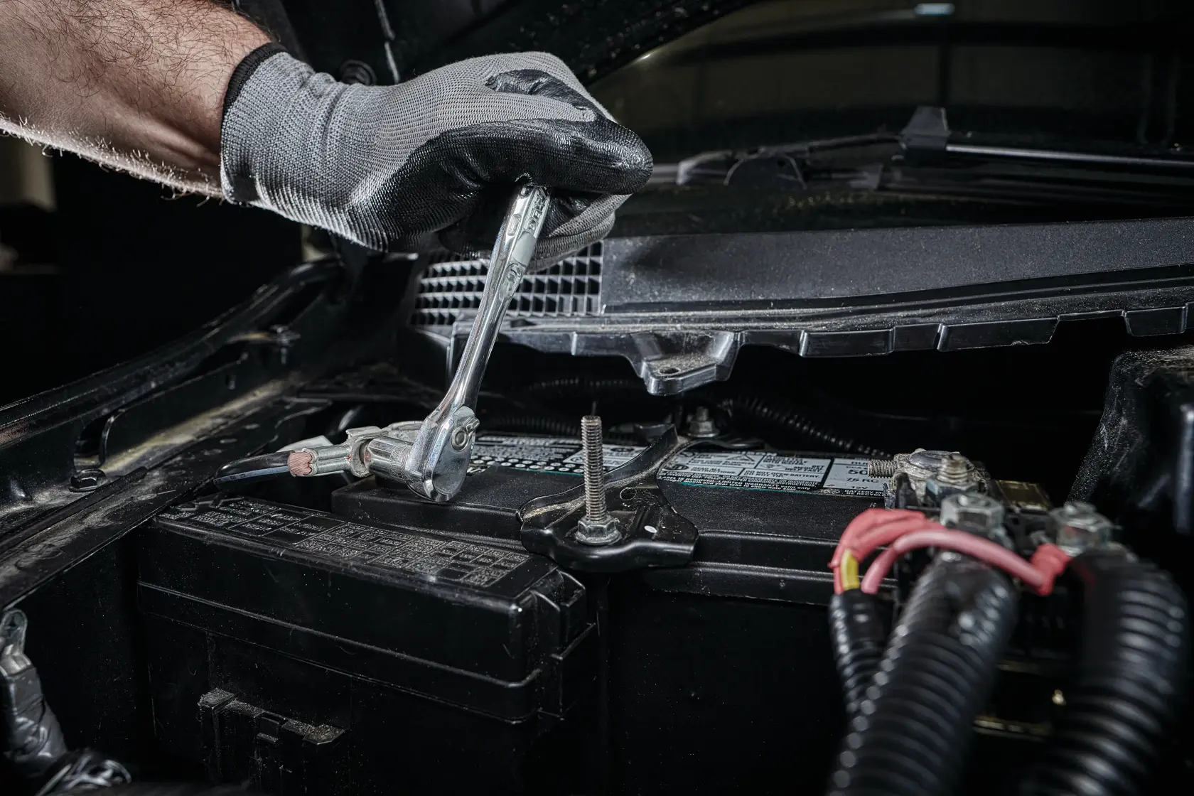 A gloved hand is using a DEWALT ratchet wrench to tighten or loosen a bolt on a car battery under the hood.