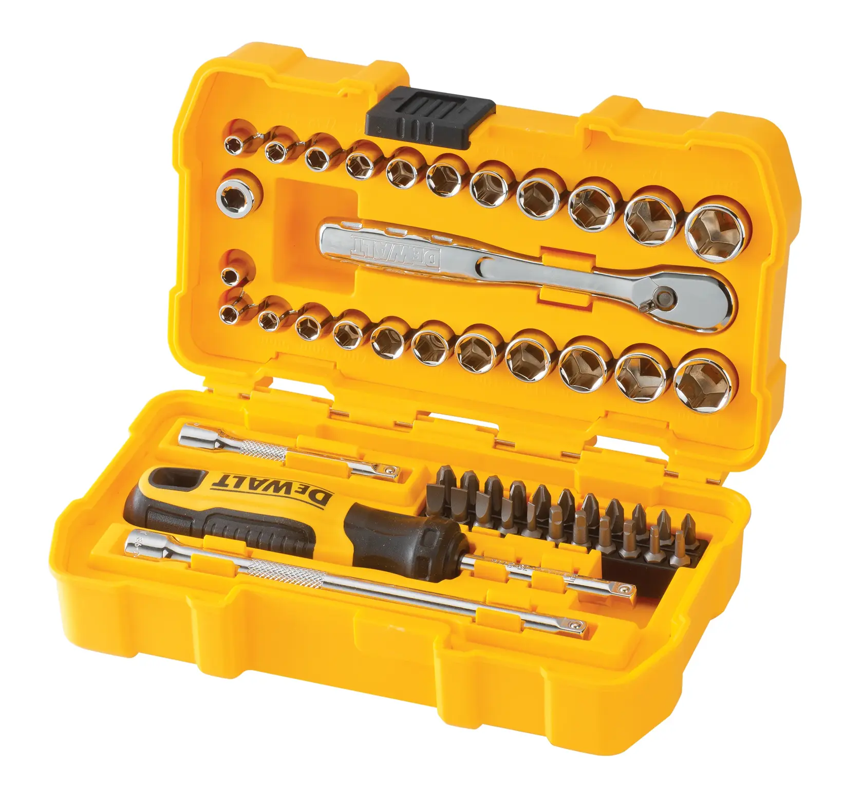 A yellow DEWALT tool kit case containing a variety of sockets, a ratchet, screwdriver handle, multiple bits, and extension bars, neatly arranged inside the open case.