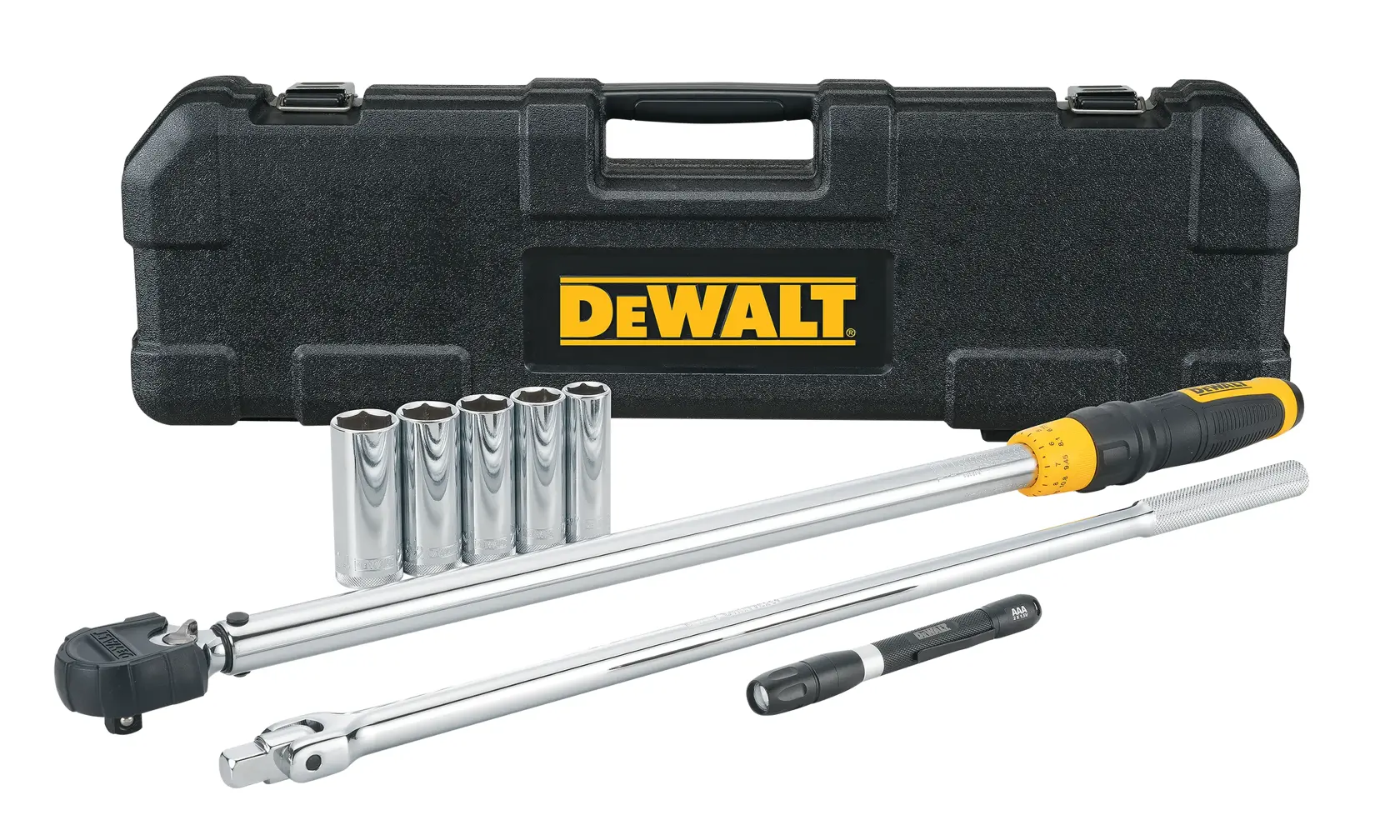 A DEWALT torque wrench and socket set, including several chrome sockets, extension bars, and a black carrying case with the DEWALT logo.