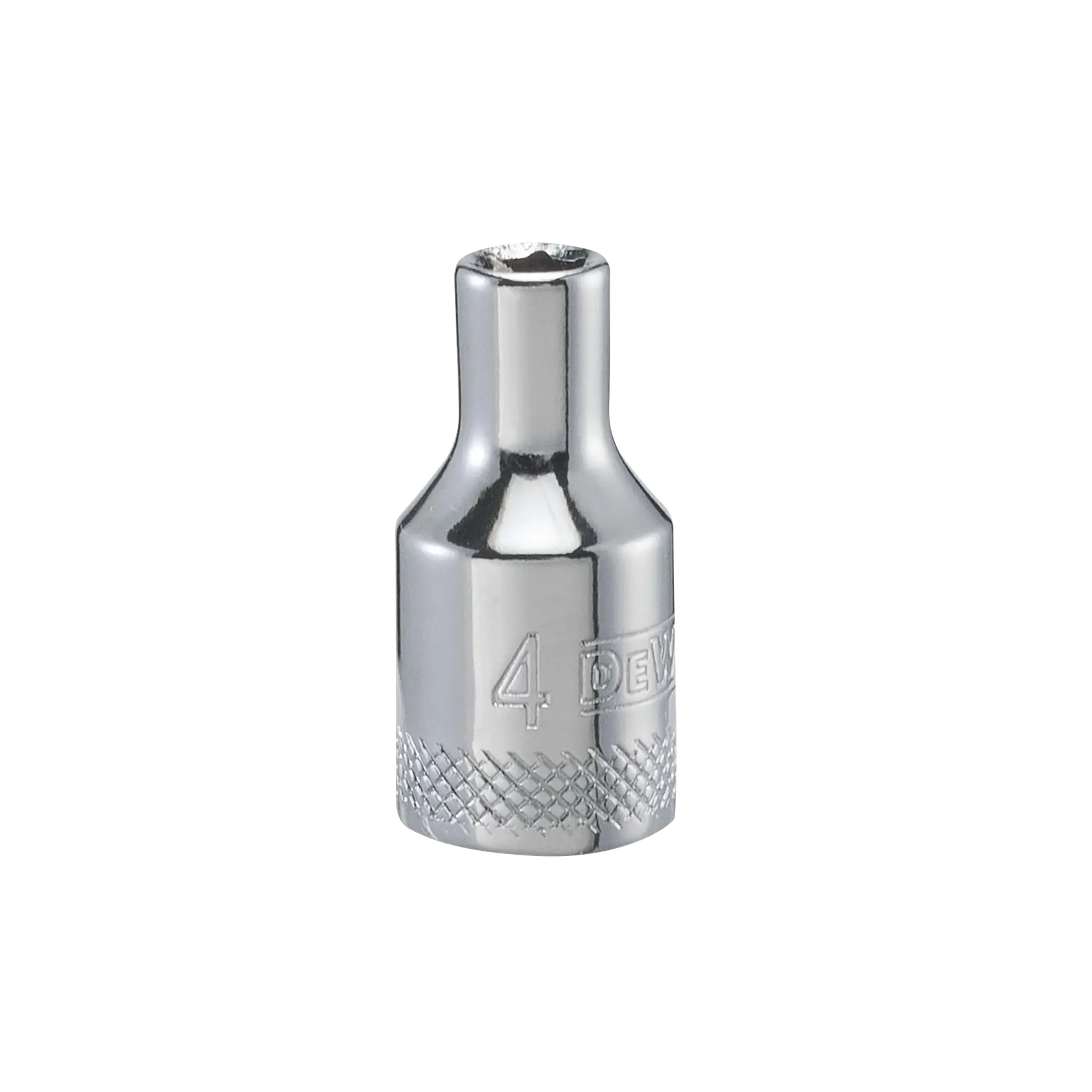 A close-up image of a single metallic DEWALT socket, size 4mm, with knurled grip and engraved brand name.