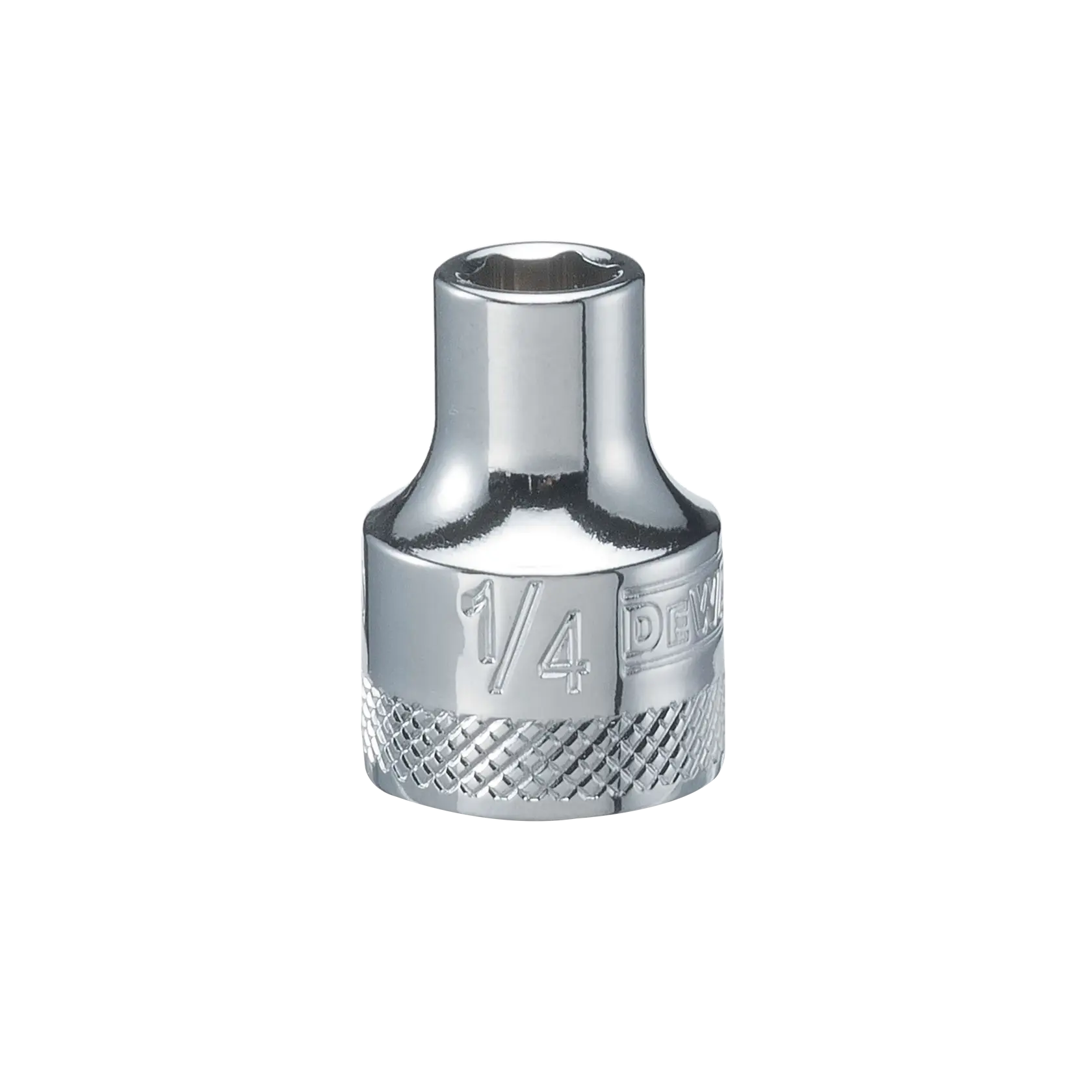 A close-up image of a DEWALT 1/4 inch drive socket with a polished chrome finish. The socket has knurled details at the base for grip and engraved markings showing the size and brand.