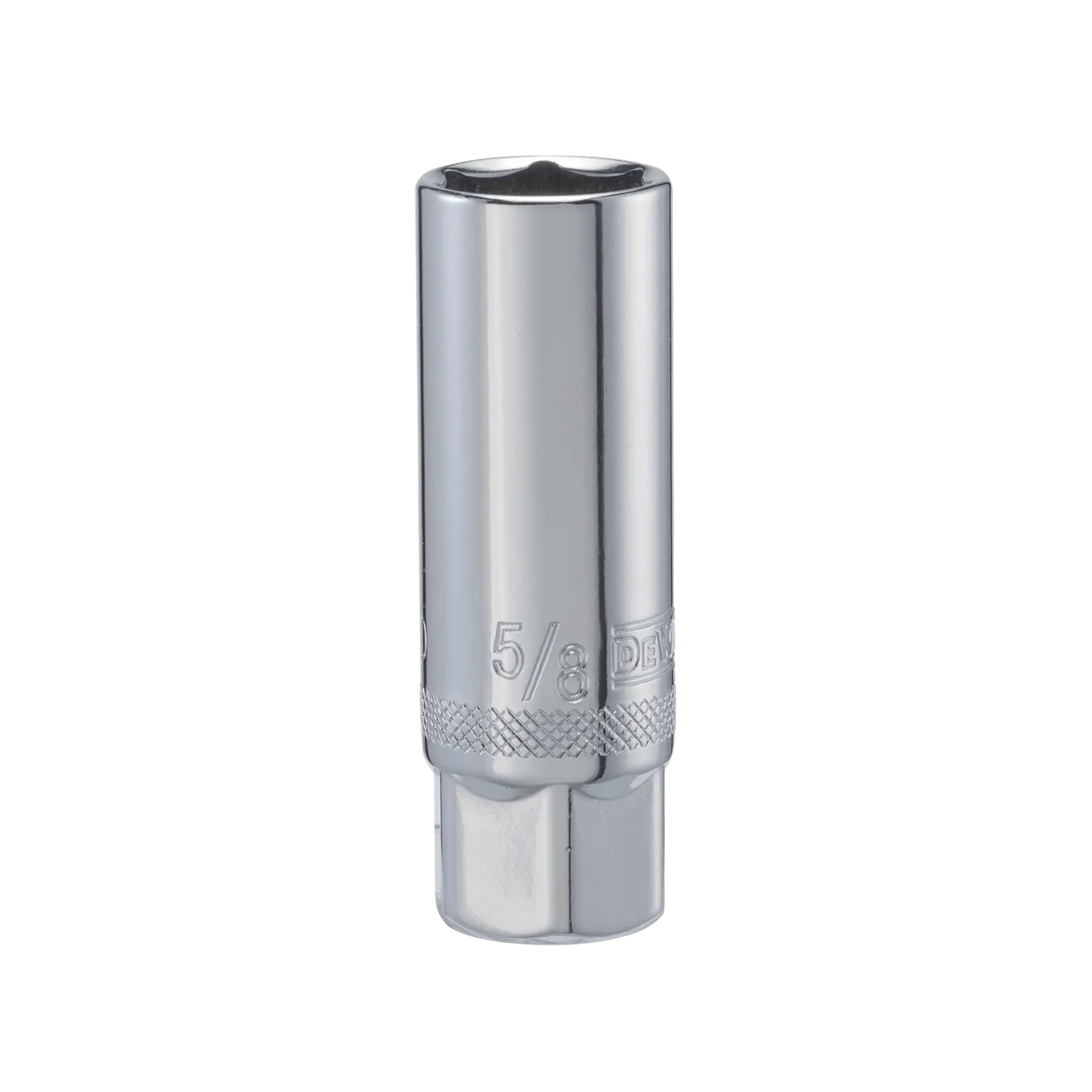 A DEWALT 5/8 inch deep socket, made of chrome-finished metal, suitable for use with socket wrenches.