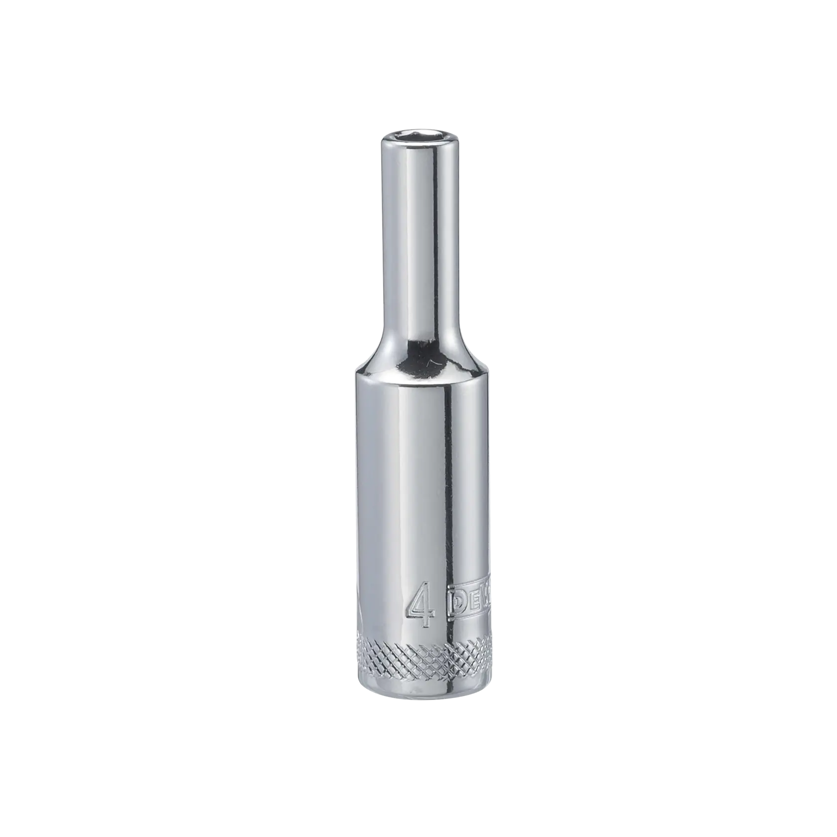 A close-up image of a chrome 4mm deep socket tool with knurled grip, used for tightening or loosening bolts and nuts.