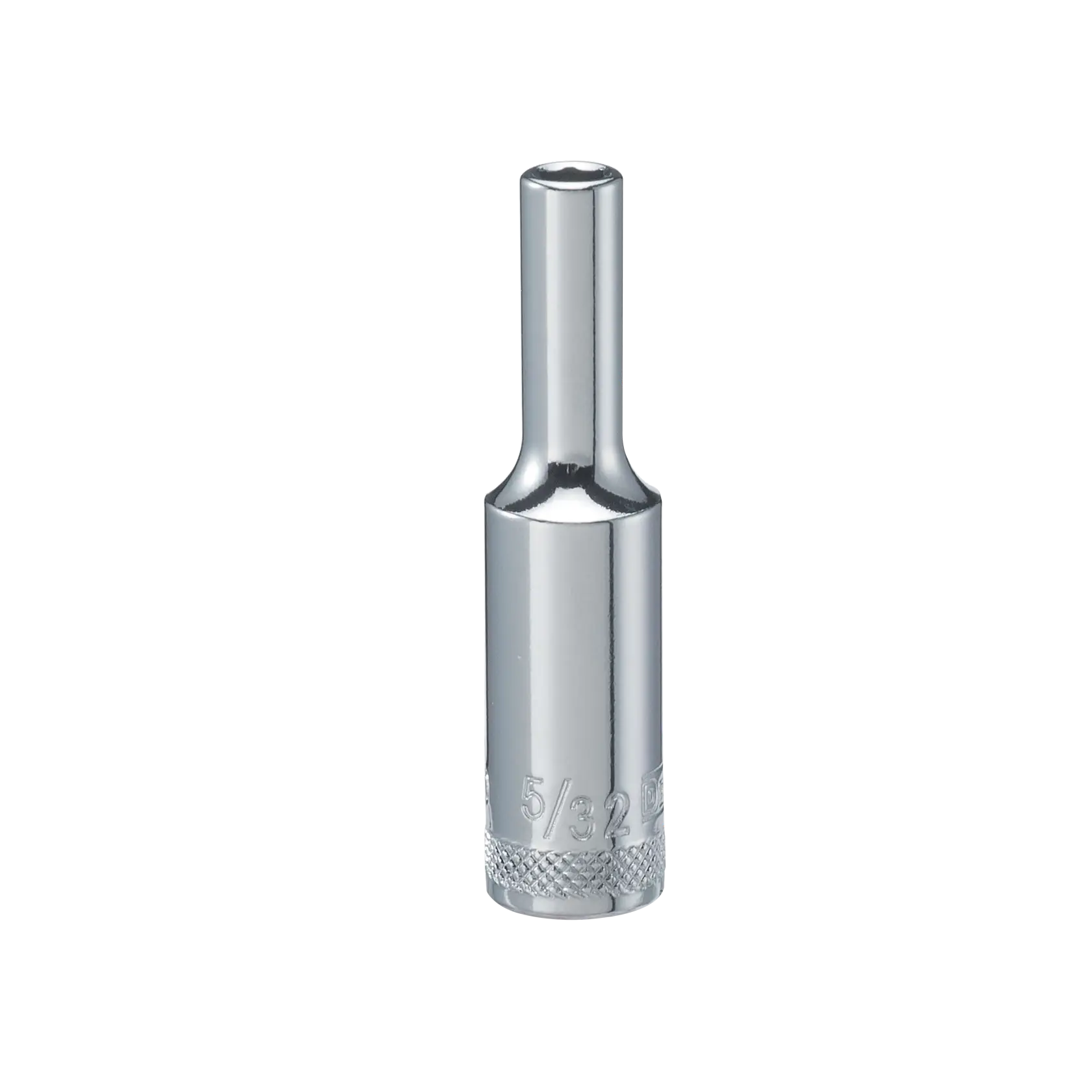 A close-up image of a DEWALT chrome socket tool, featuring engraved size markings near the base. The socket has a glossy finish and is photographed on a white background.