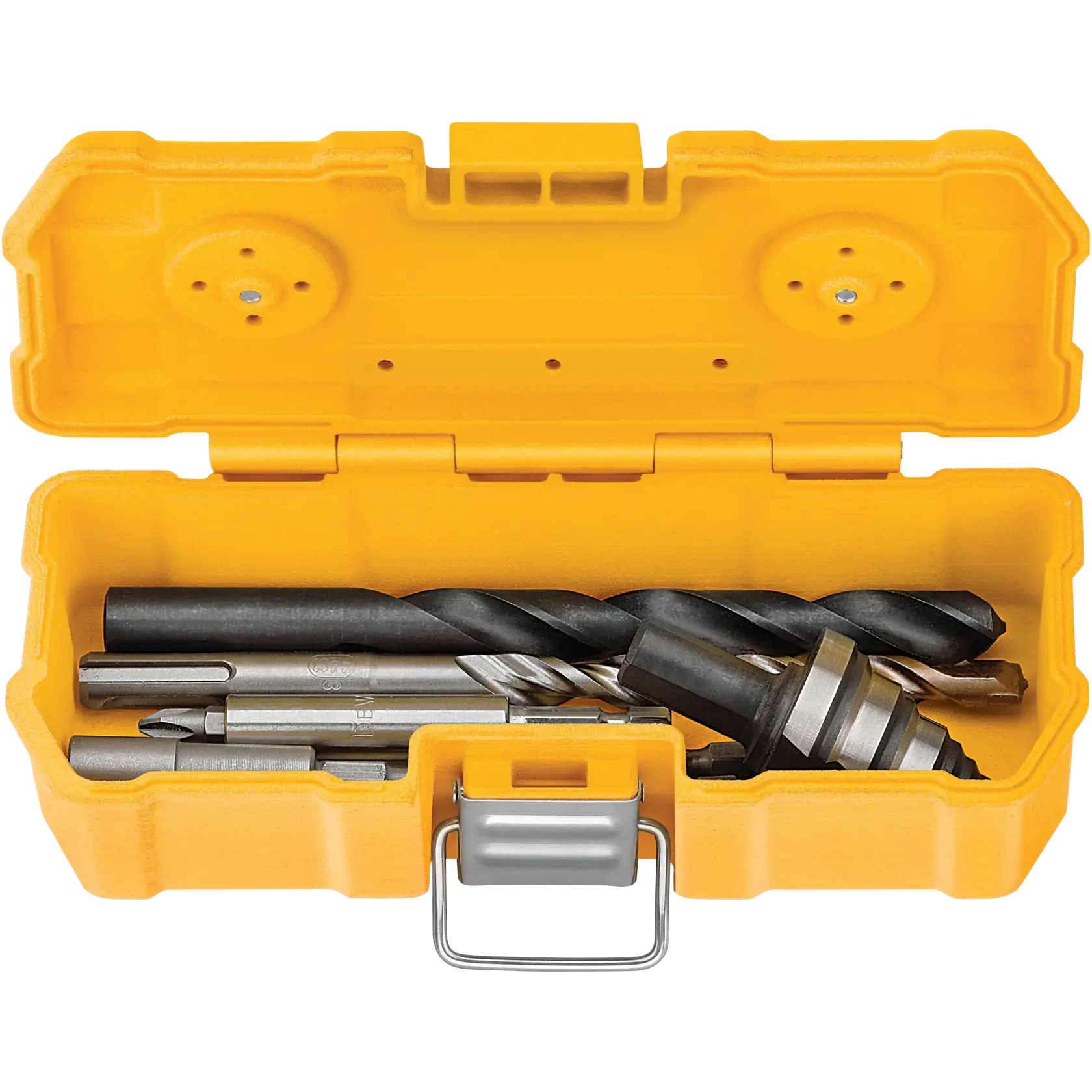 A yellow DEWALT case containing various drill bits and screwdriver bits neatly organized inside.