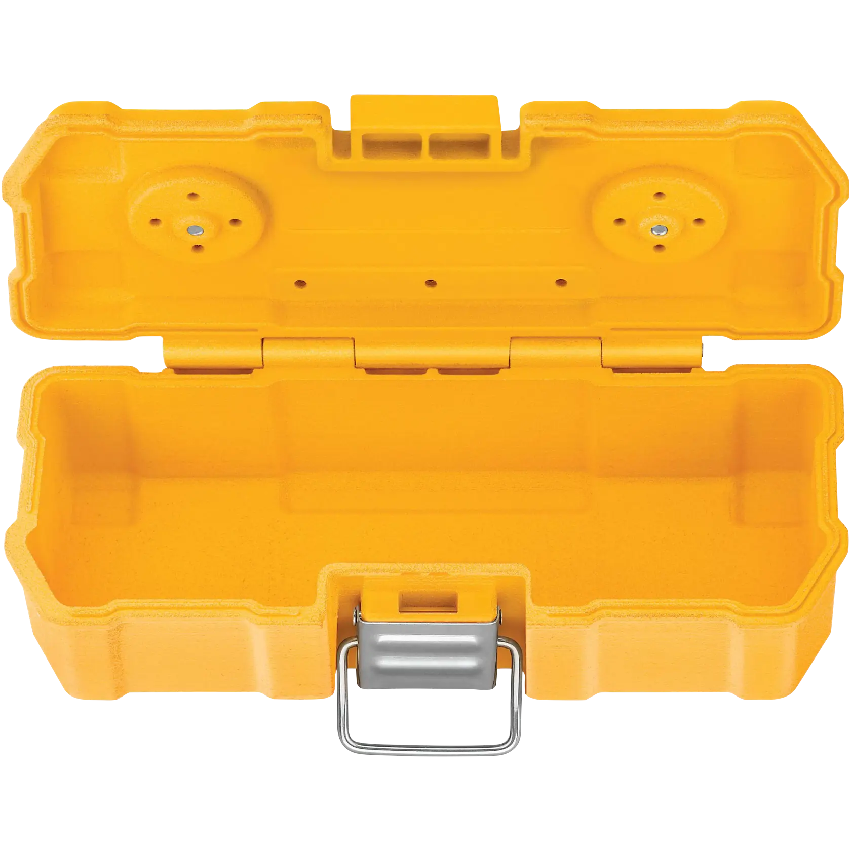 An open yellow hard plastic carrying case with a metal latch, designed to hold small tools or accessories. The interior is empty and has molded compartments.