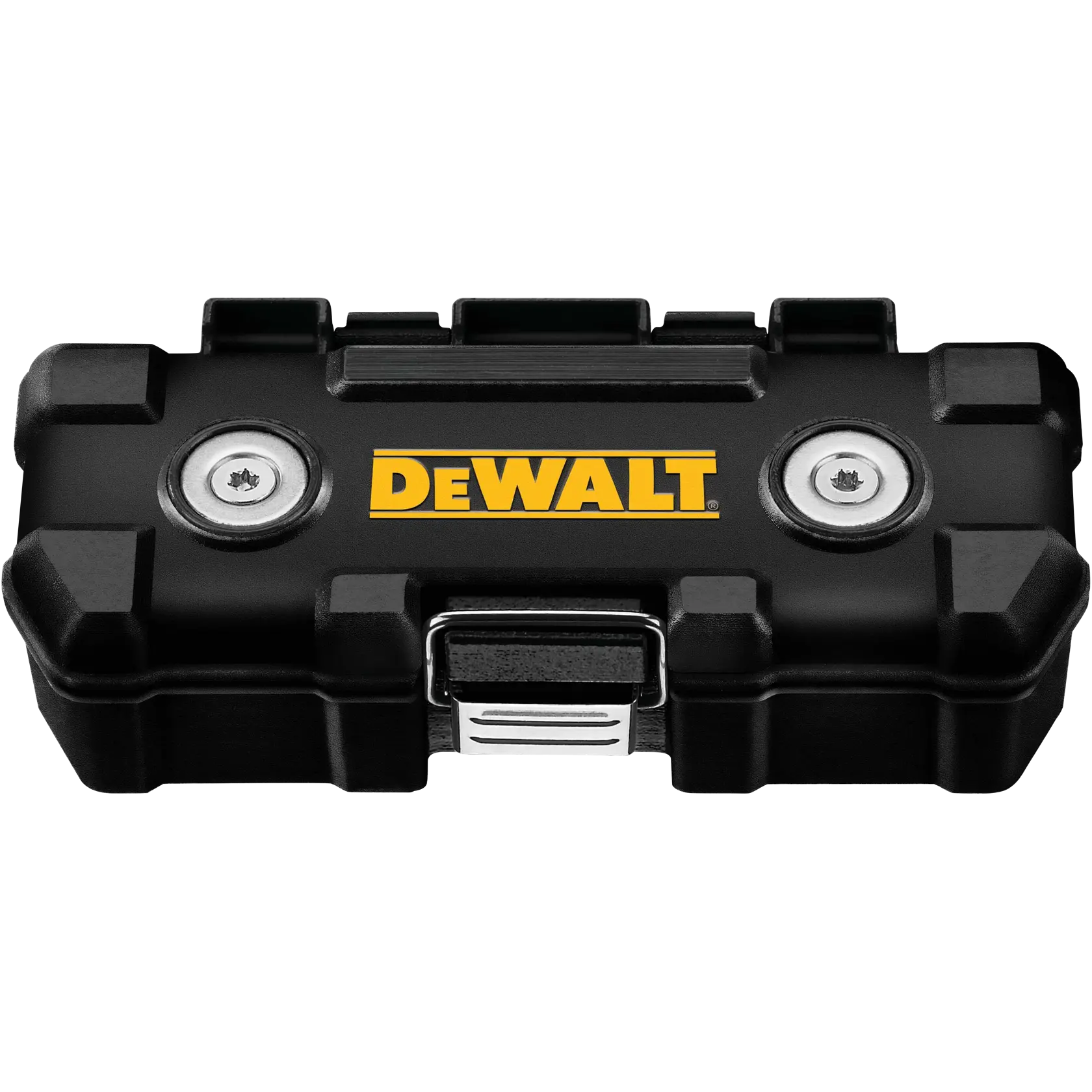 A rugged black DEWALT branded case with metal accents and latch, designed for storing tools or accessories.