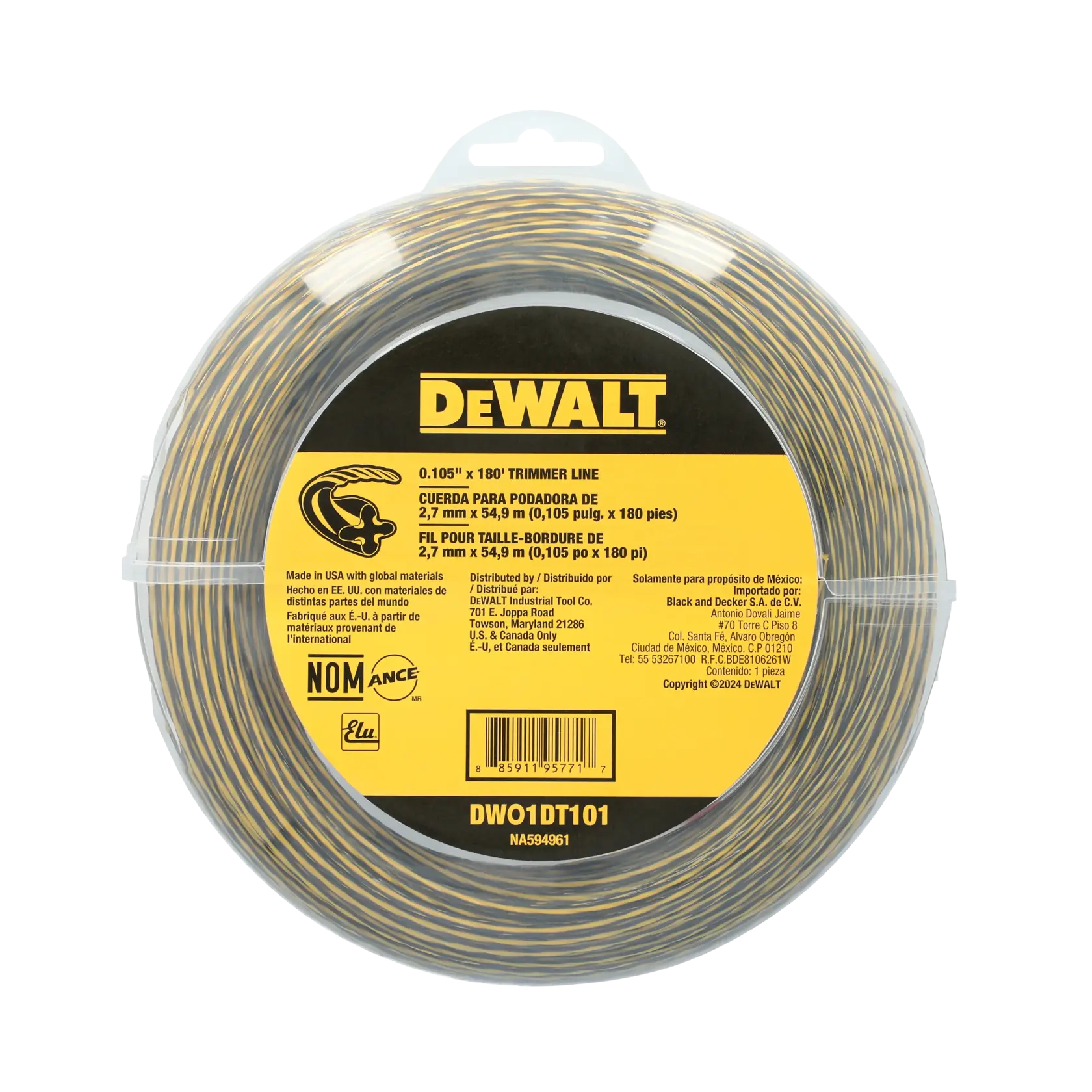 A package of DEWALT trimmer line, model DWO1DT101, containing 0.105 inch x 180 feet of trimmer line for use with outdoor power tools. The packaging is circular, transparent, and features a yellow and black label with product specifications and branding.