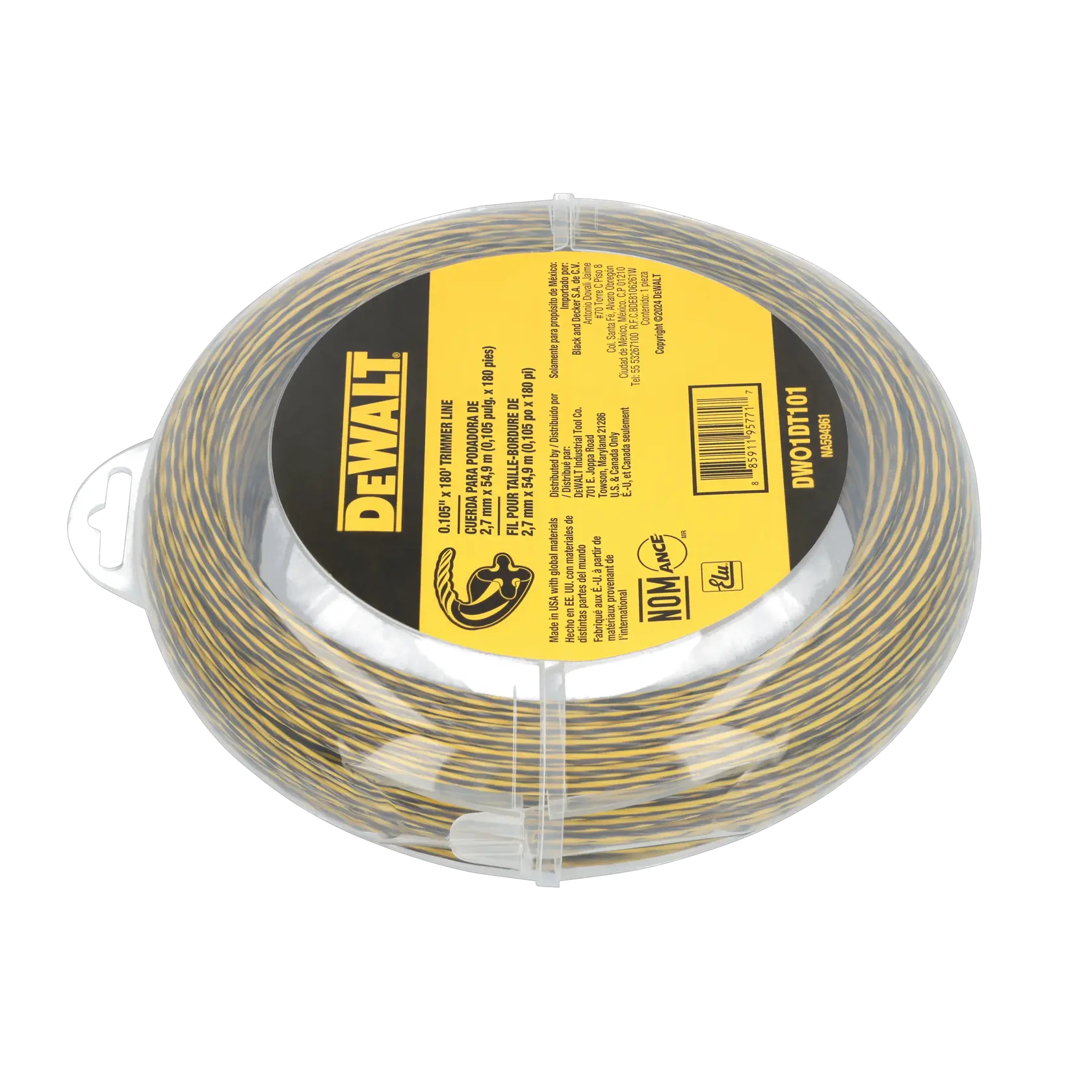 A spool of DEWALT trimmer line, model DWO1DT101, shown in clear plastic packaging with a yellow and black label. The line is yellow with black stripes, and the packaging displays product specifications and branding.