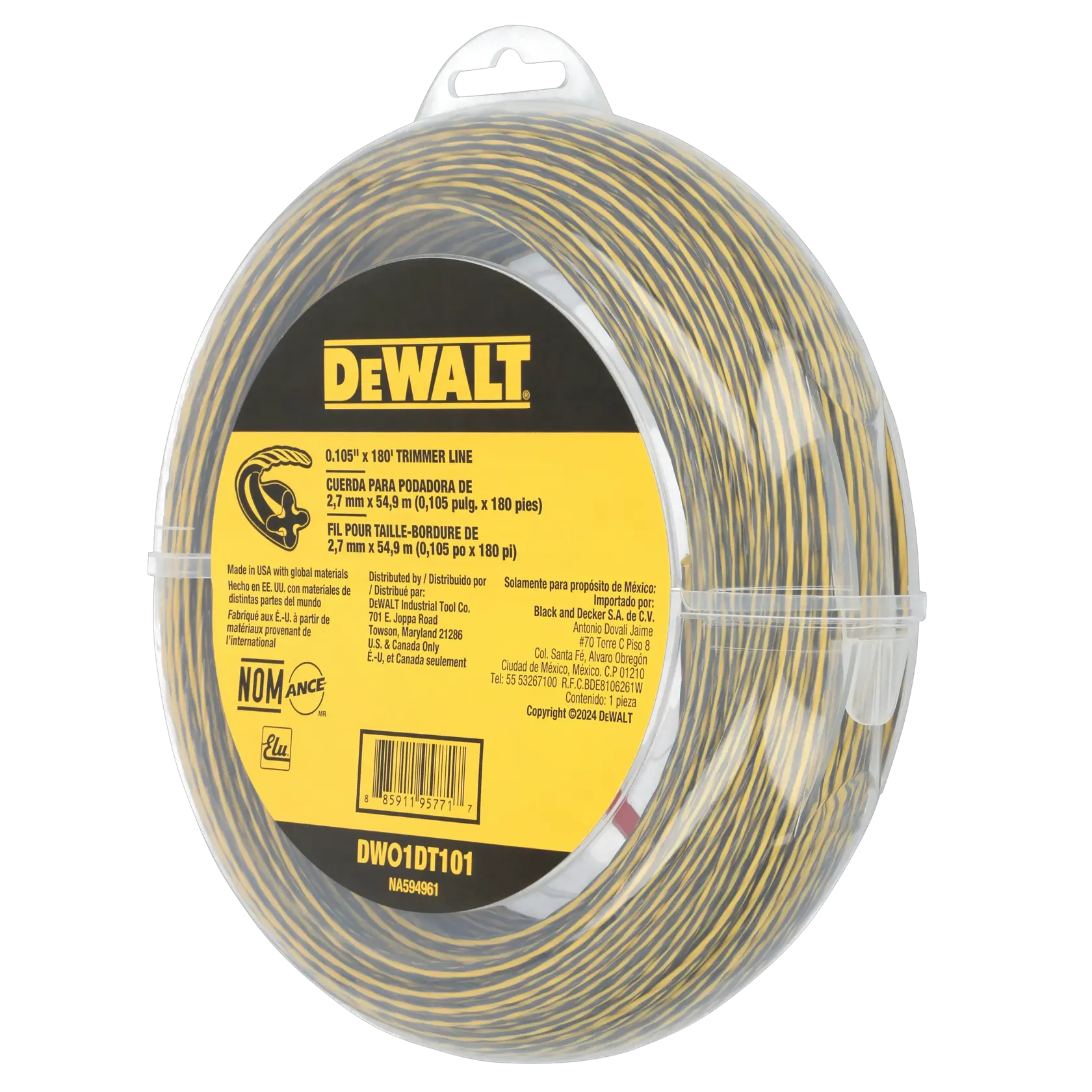 A spool of DEWALT trimmer line, model DWO1DT101, featuring a yellow and black design. The package states the line is 0.105 inch in diameter and 180 feet in length, intended for use with string trimmers.