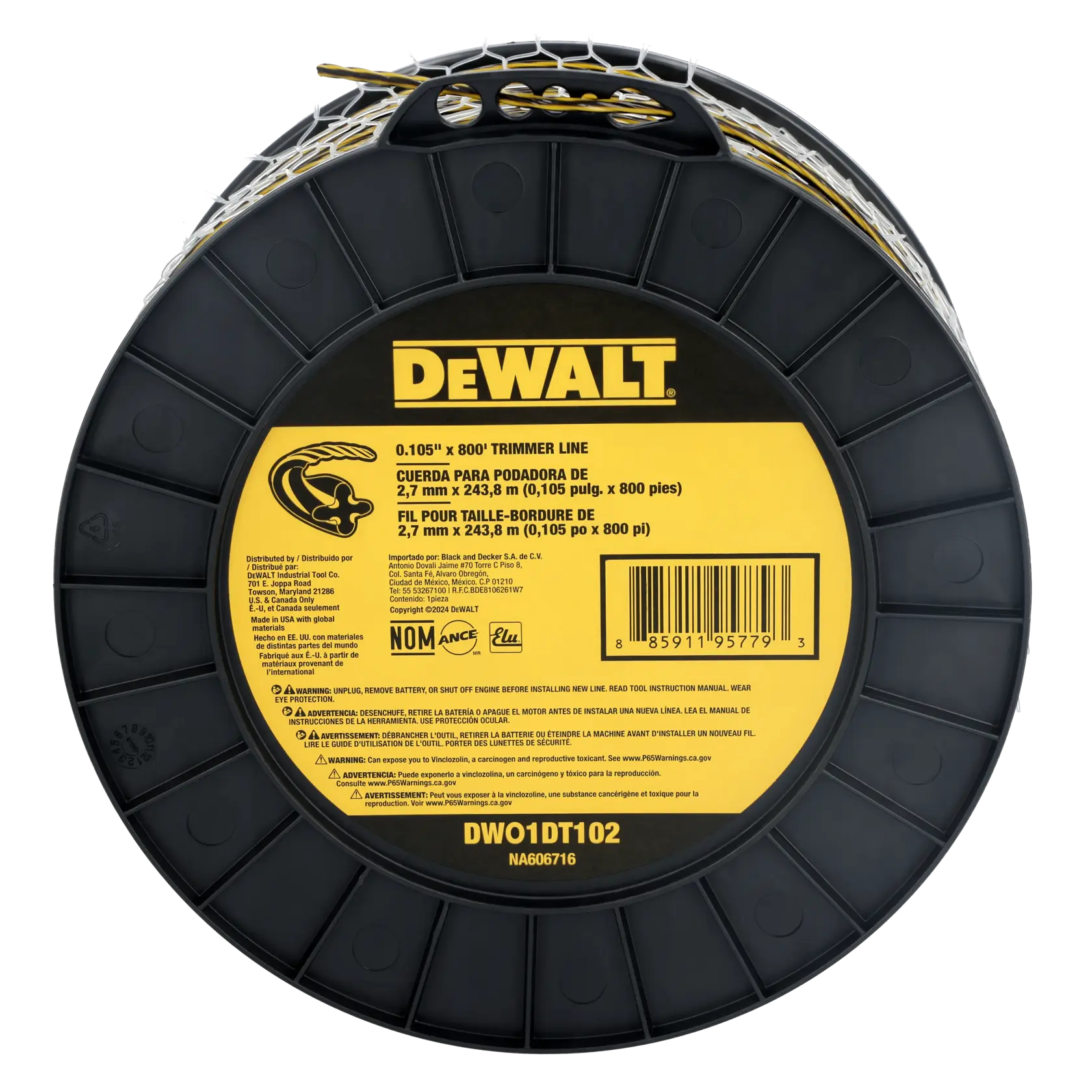 A close-up of a DEWALT spool of trimmer line, model DWO1DT102. The spool is black with a yellow label displaying product information, including the dimensions 0.105 inches by 800 feet (2.7 mm x 243.8 m), and instructions in English, Spanish, and French.