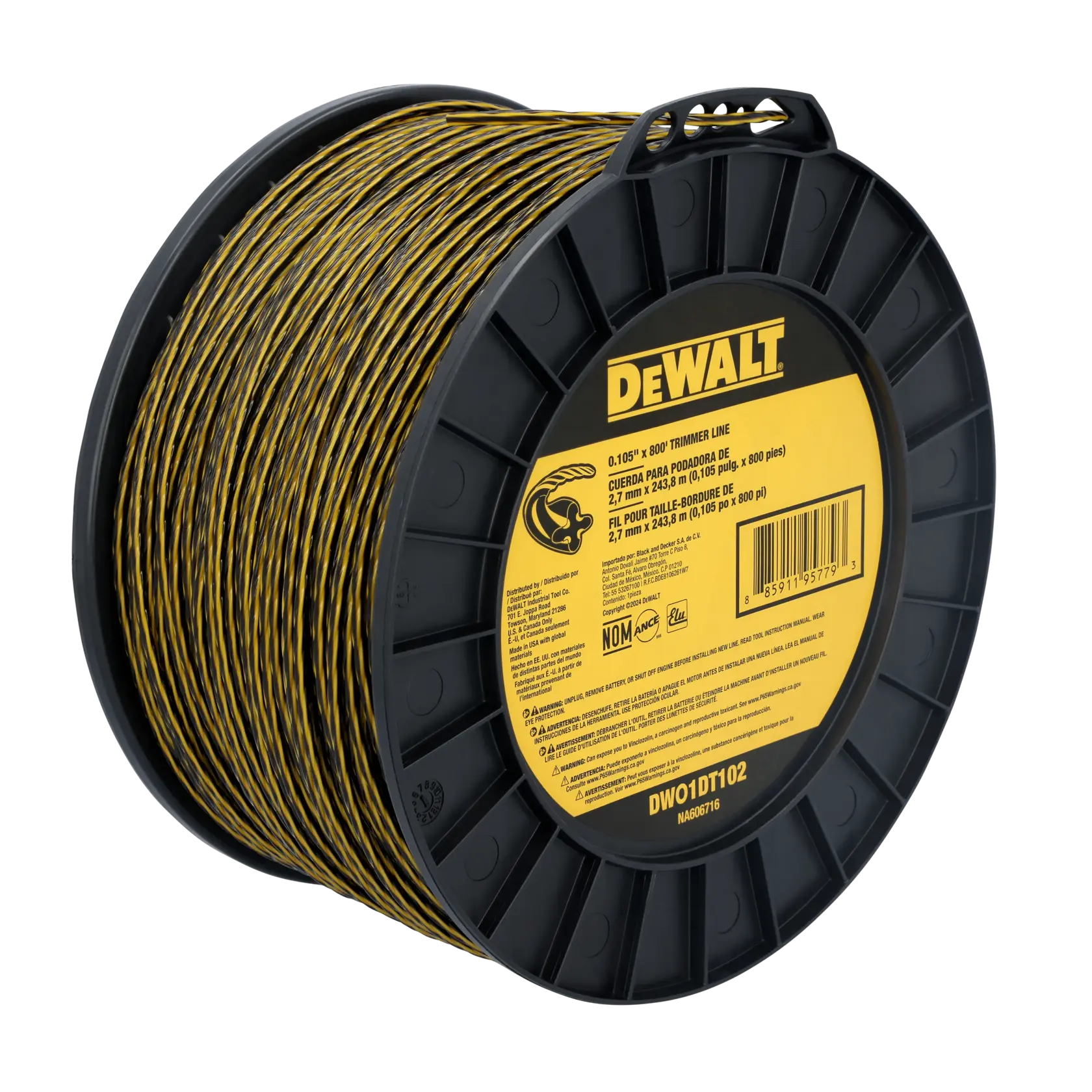 A spool of DEWALT trimmer line with a yellow and black braided string, labeled as 0.105 inch diameter and 800 feet length, intended for use with string trimmers.